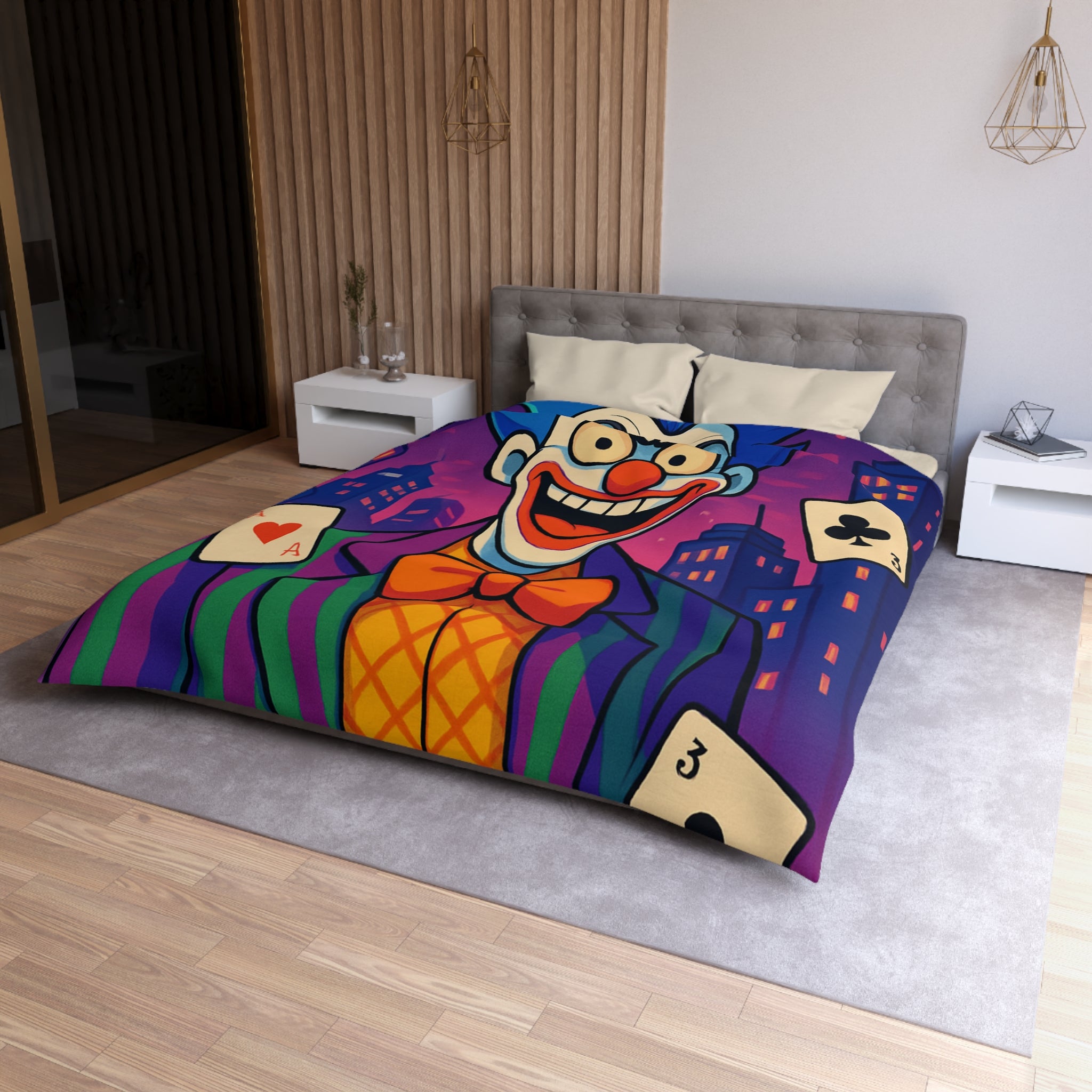 Housse de couette vibrante avec clown effrayant et cartes à jouer en arrière-plan urbain