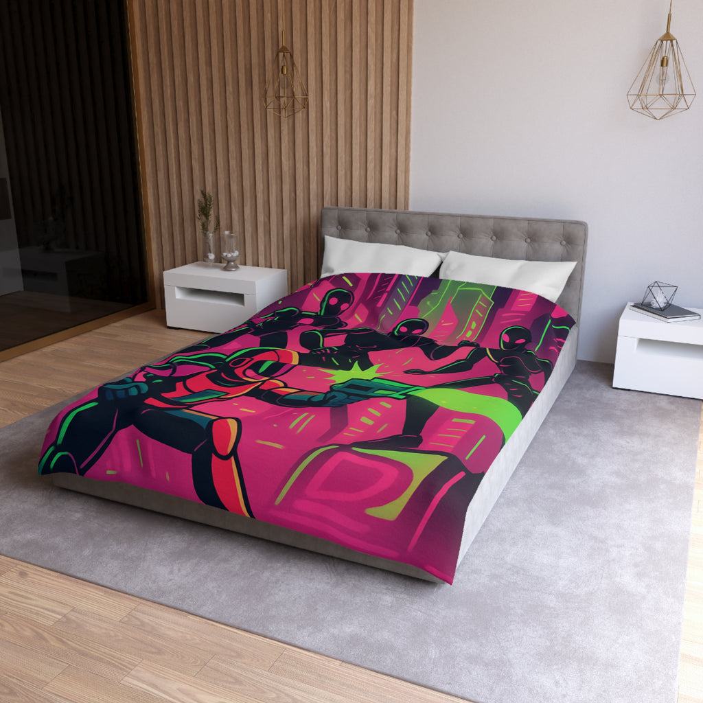 Housse de couette néon futuriste avec combat spatial, designs vifs rétro et cyberpunk