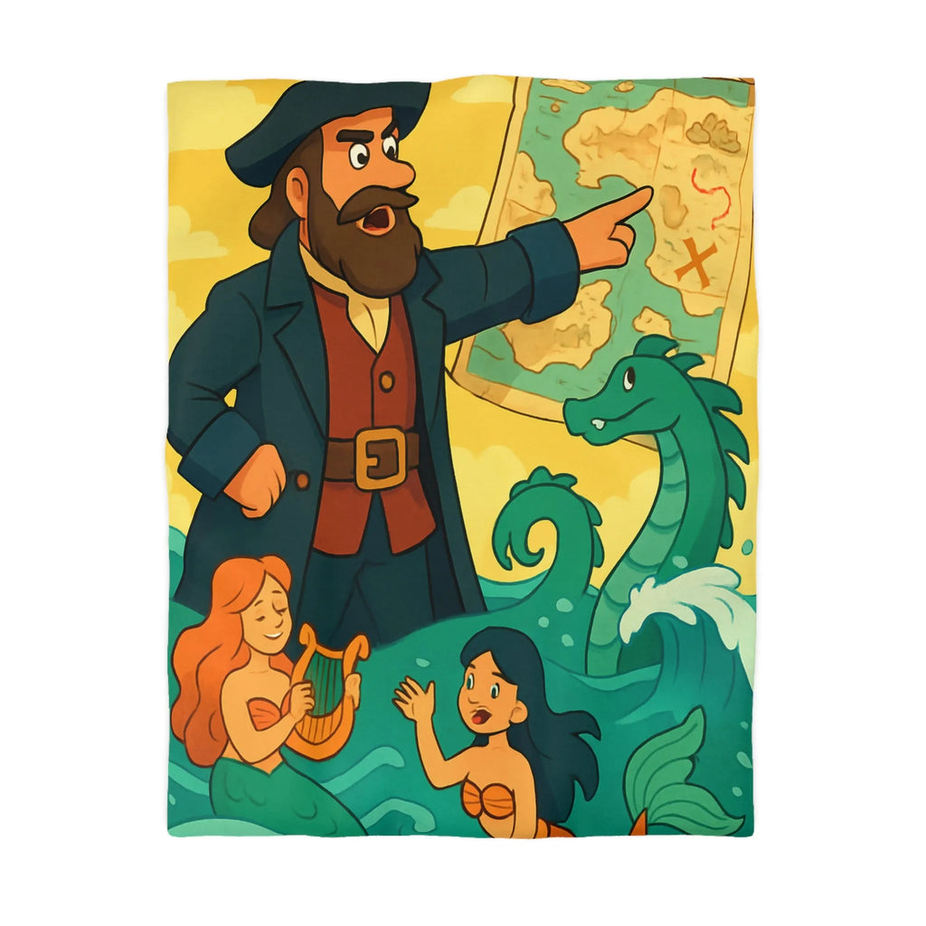 Housse de couette illustrée pirate avec carte, sirènes et monstre marin ludique