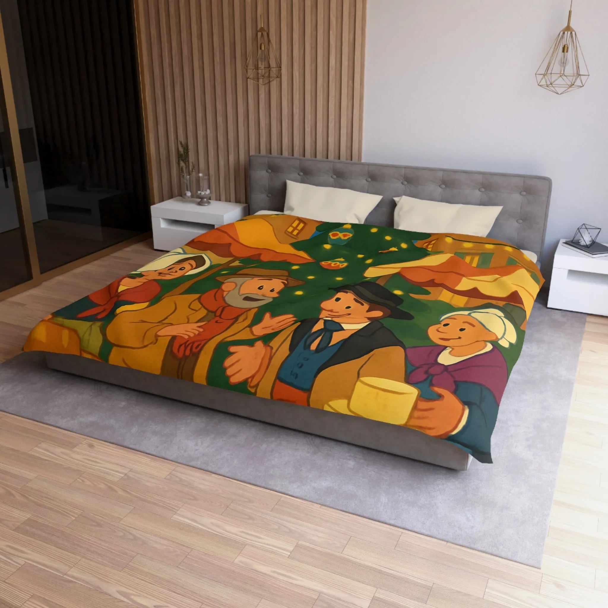 Housse de couette festive avec marché de Noël et sapin illuminé au village