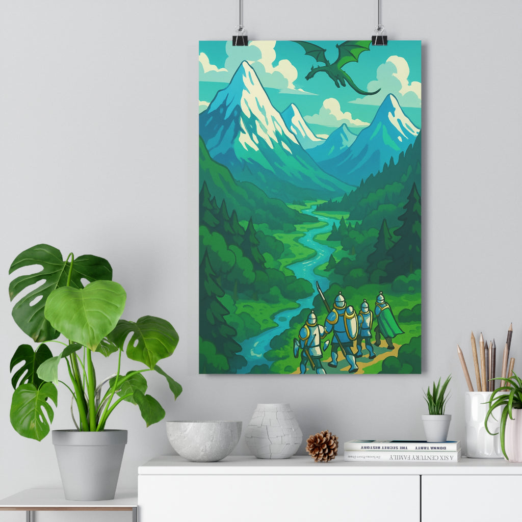 Poster décoratif fantasy vert bleu cartoon aventure chevaliers dragon salon chambre vibrant dessin animé