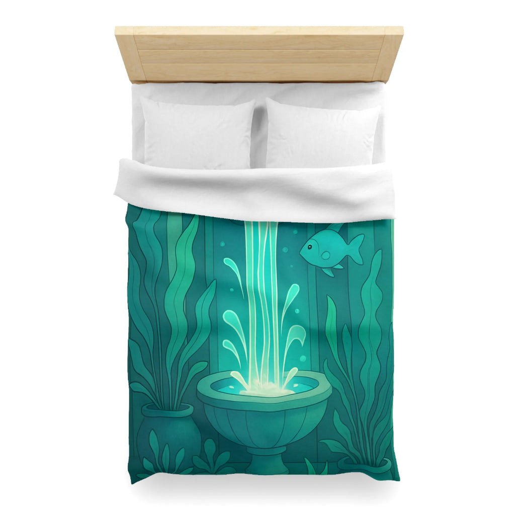 Housse de Couette Art Nouveau Illustrée Fontaine Poissons Teintes Bleues Calmes Décoration Intérieure