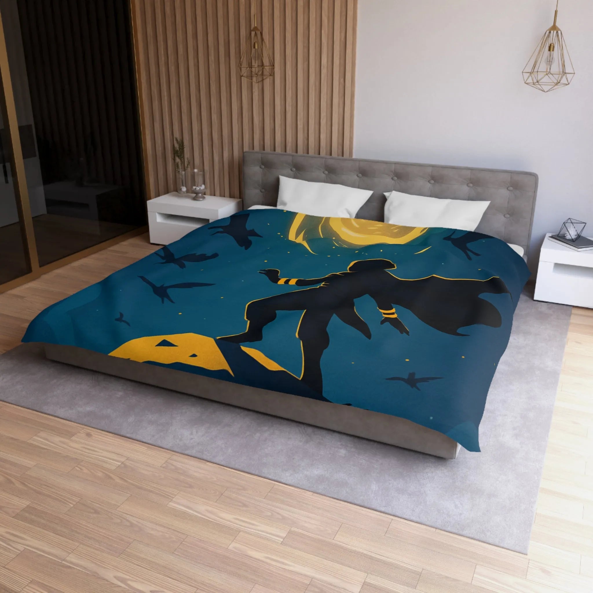 Housse de couette aventure magique, silhouette et spirale dorée dans ciel étoilé