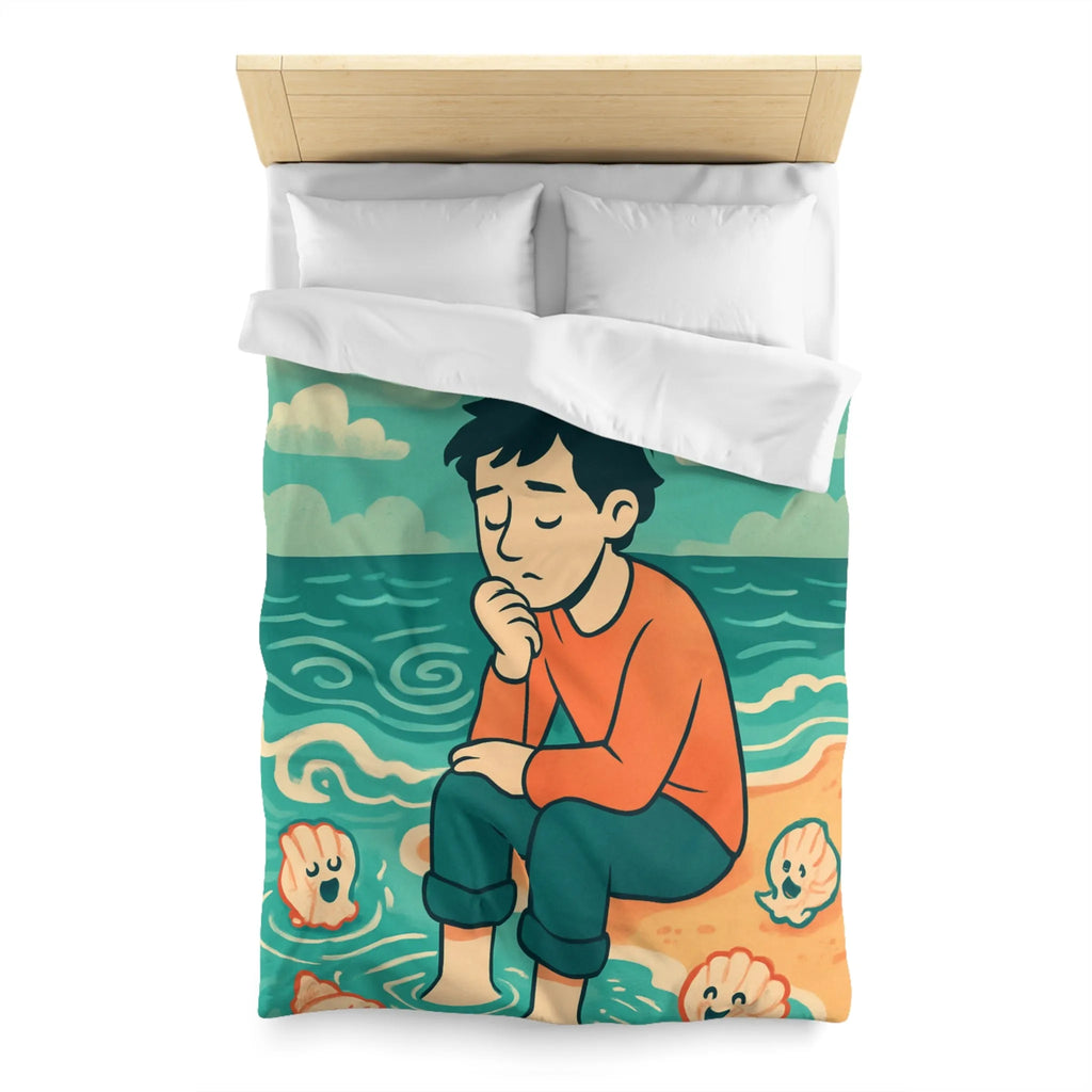 Housse de couette avec illustration rêveuse garçon pensif et coquillages joyeux sur plage