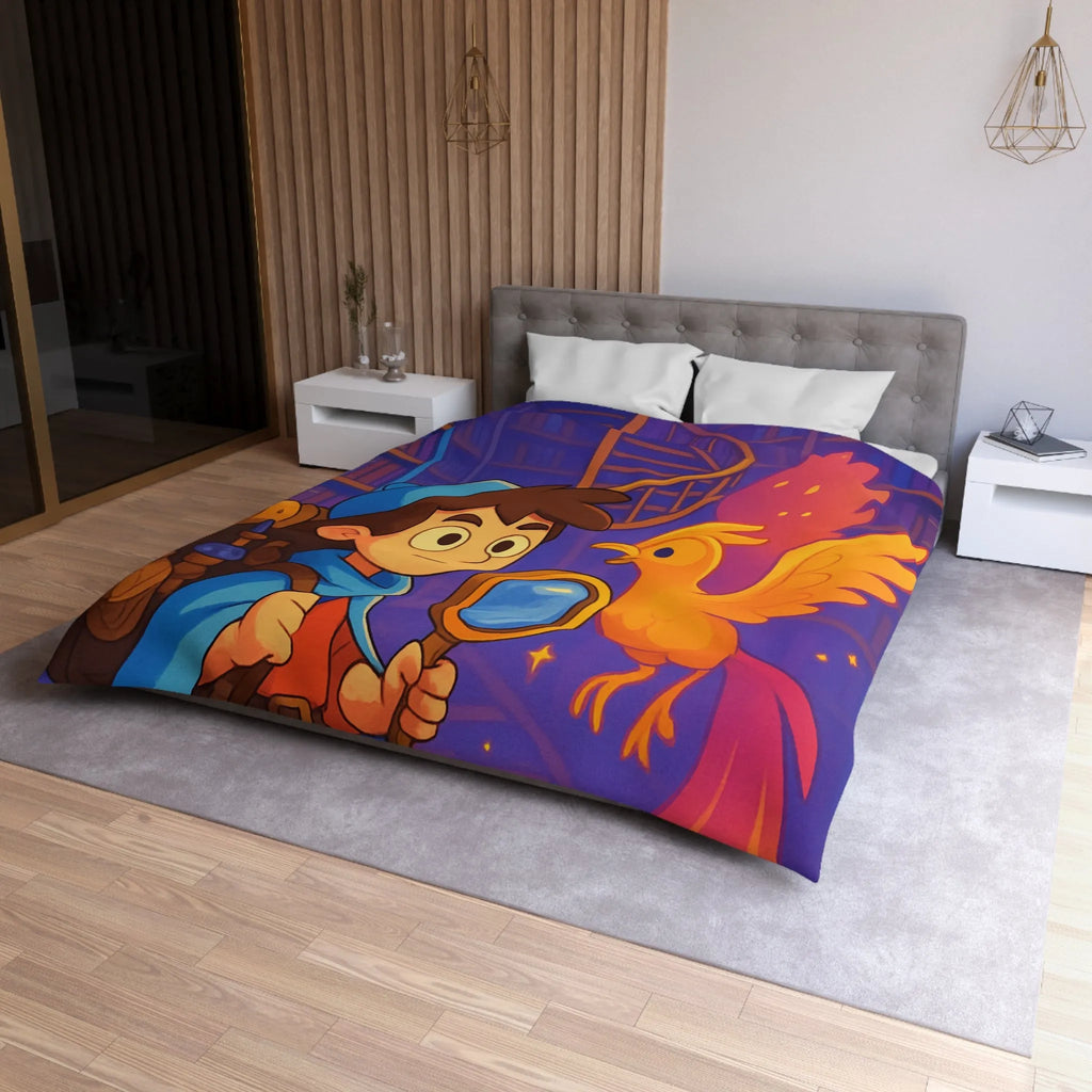 Housse de couette magique avec détective et phénix dans une bibliothèque enchanteresse