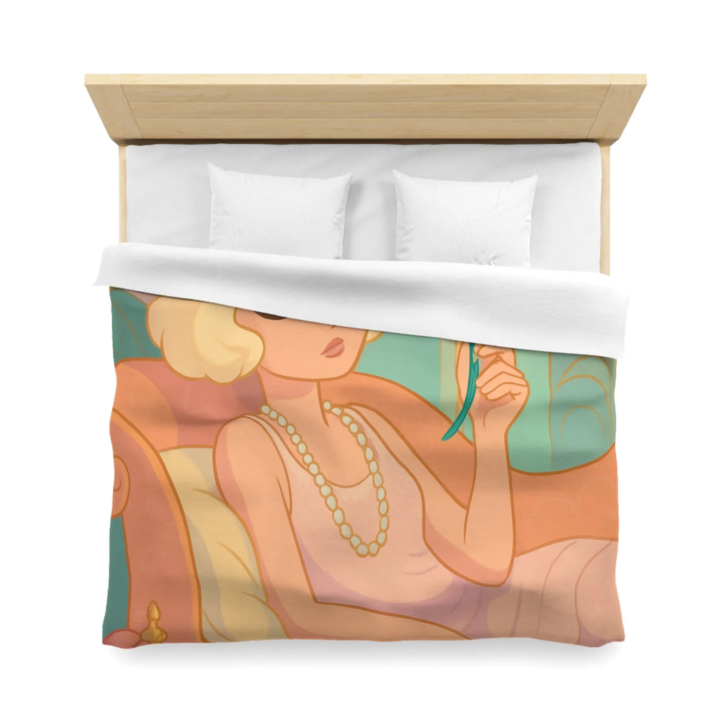 Élégance Art Déco : Femme avec Plume de Paon et Flacons de Parfum Pastels