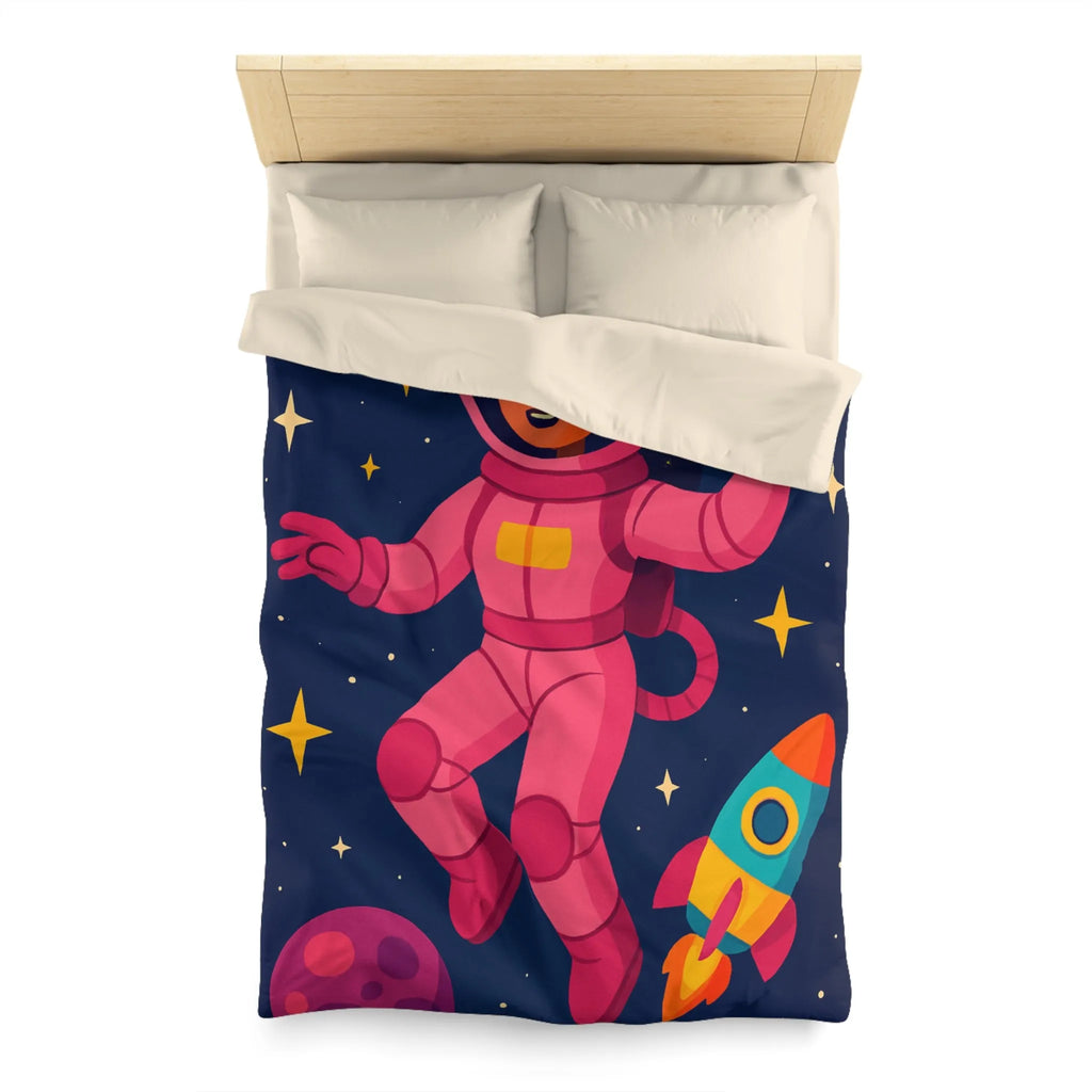 Housse de couette enfant avec astronaute rose et planètes colorées en fond spatial