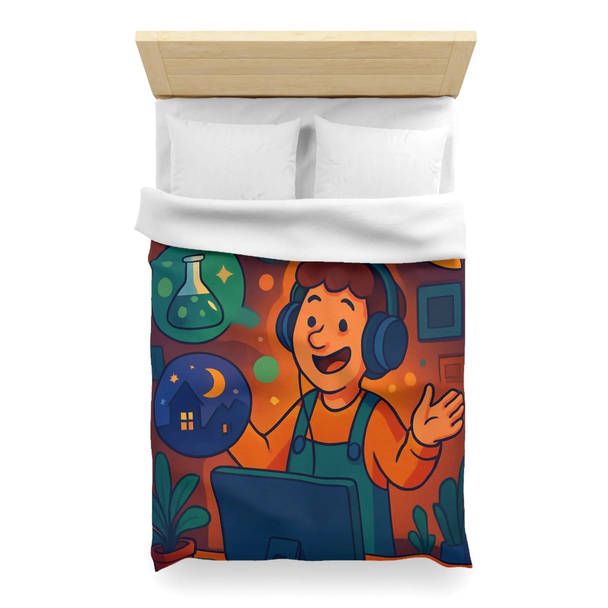 Housse de couette colorée avec illustrations de rêve, voyage et créativité pour enfant