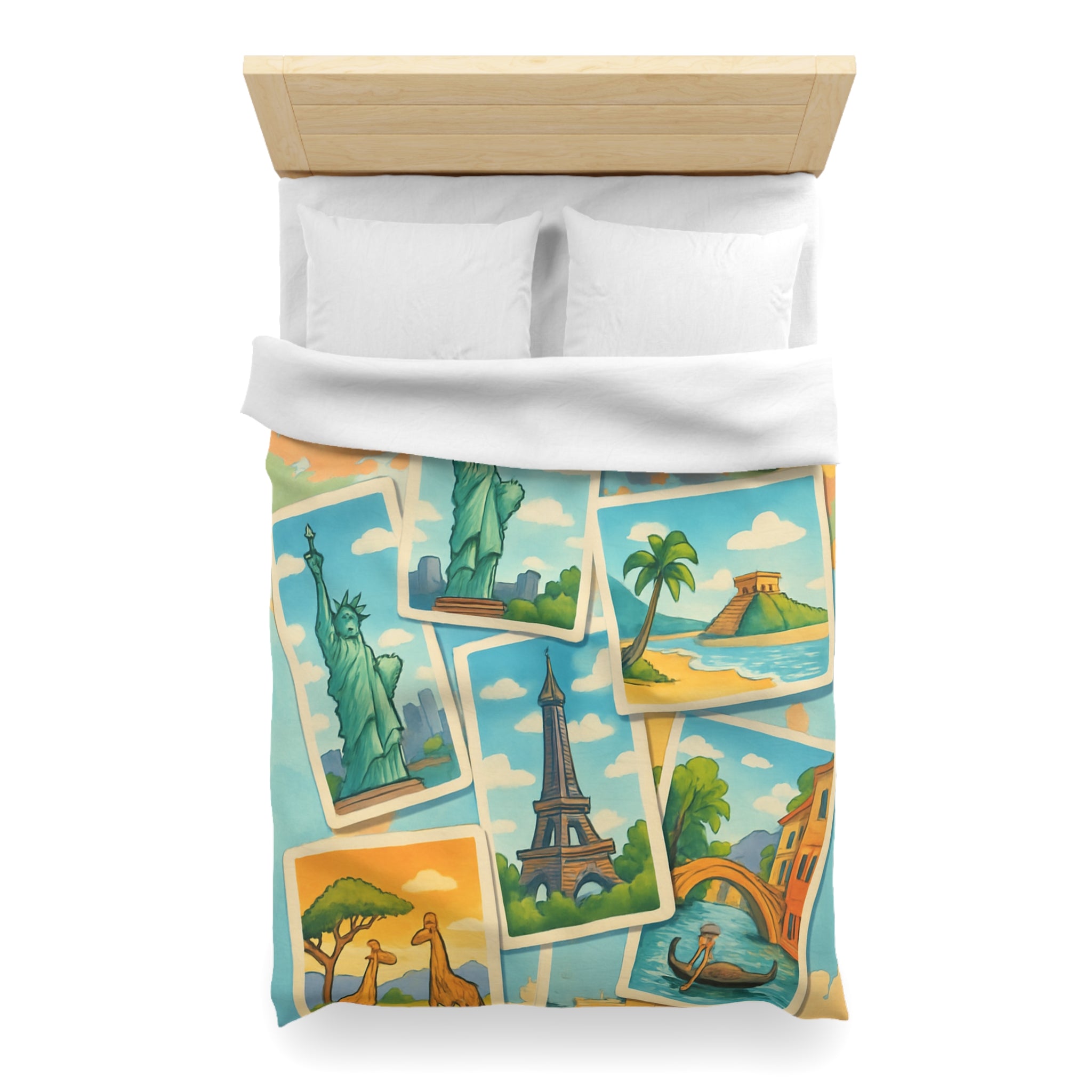 Voyage Mondial Coloré: Housse de Couette avec Monuments et Paysages Iconiques des Continents