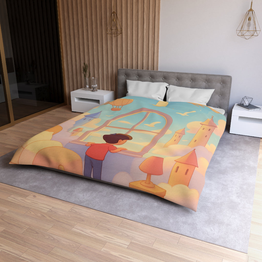 Housse de couette rêveuse enfantine avec nuages, dirigeables et oiseaux volants paisibles