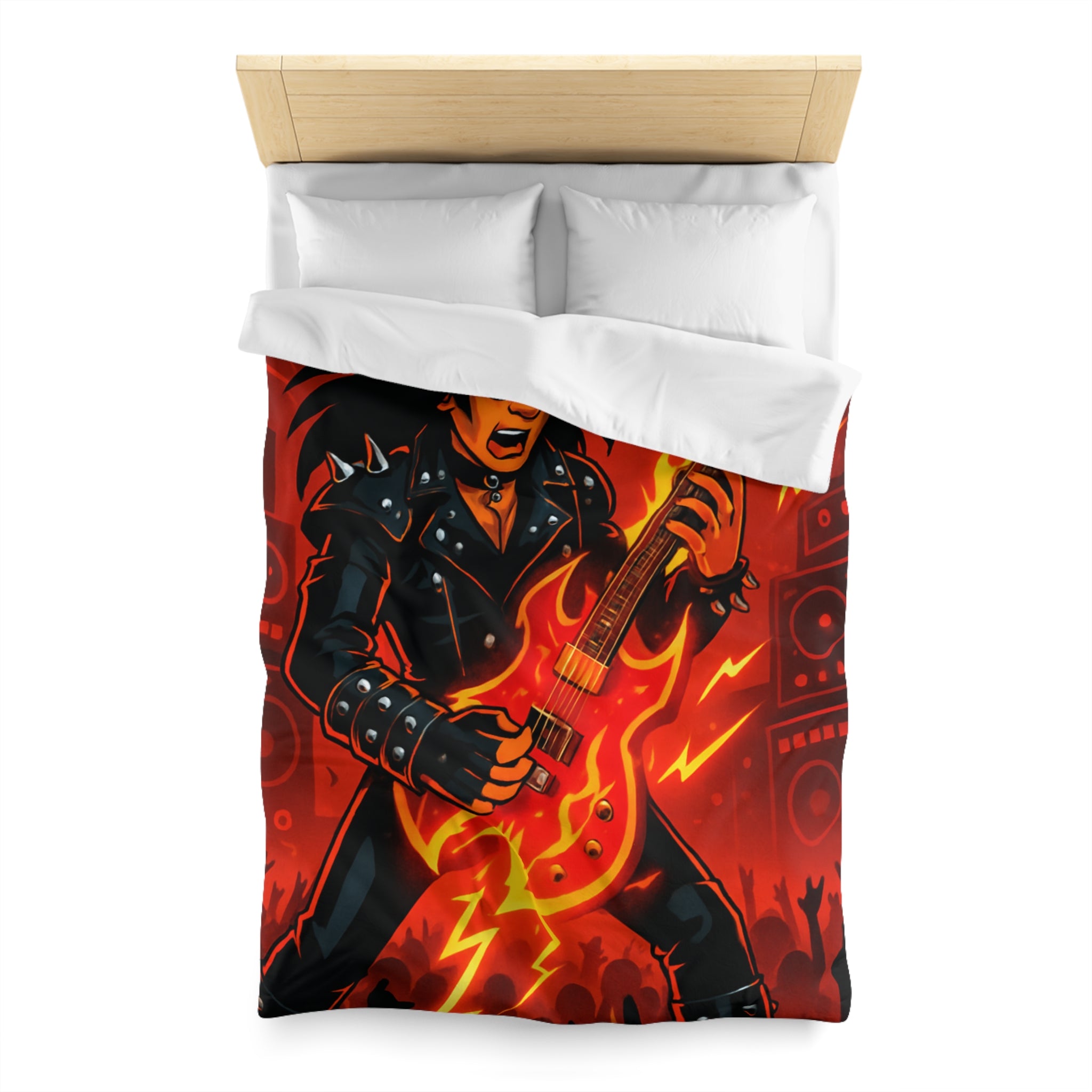 Housse de couette rock énergique avec guitariste enflammé et ambiance concert spectaculaire