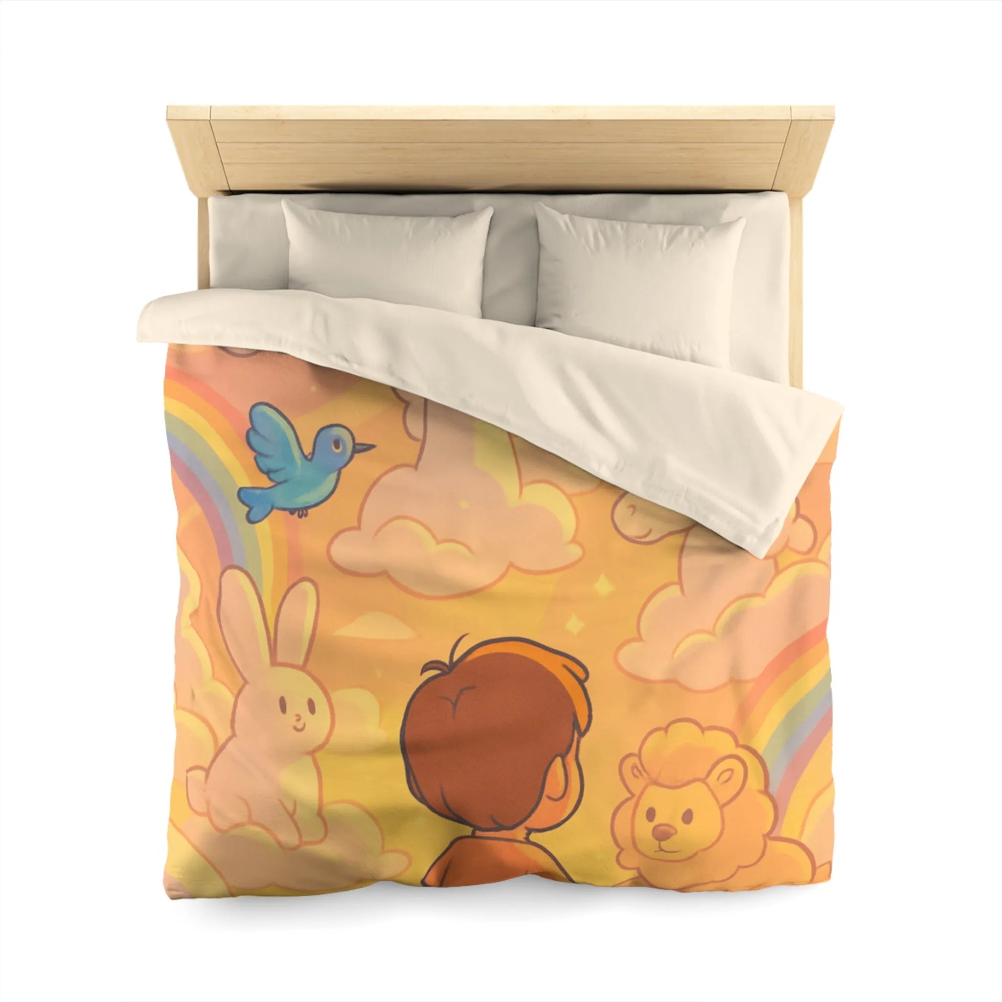 Housse de Couette Enfantine avec Licornes, Lapins et Oiseaux dans les Nuages Pastels