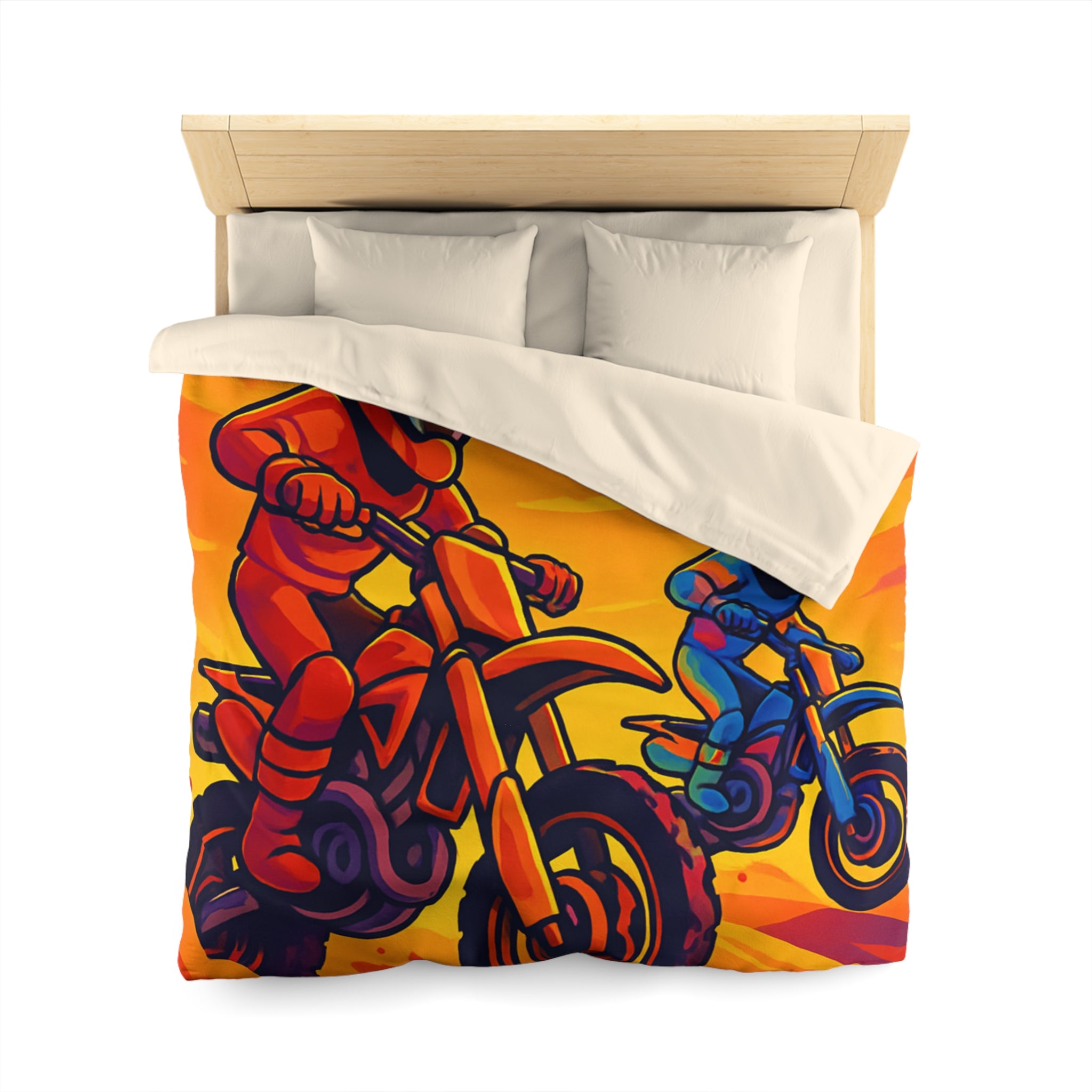 Housse de couette moto aventure: dynamique, couleurs vives, coucher de soleil dramatique