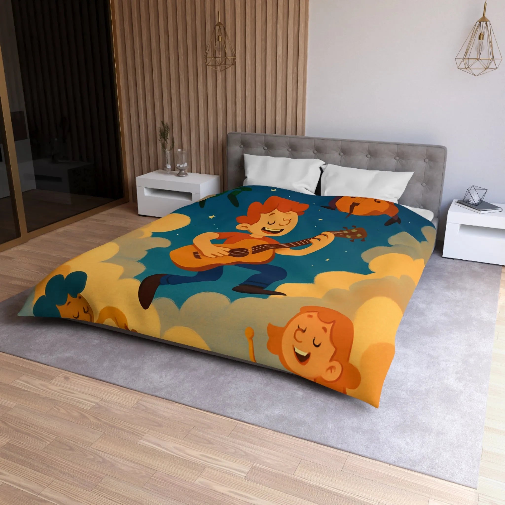 Housse de couette colorée avec musiciens joyeux flottant parmi les nuages étoilés