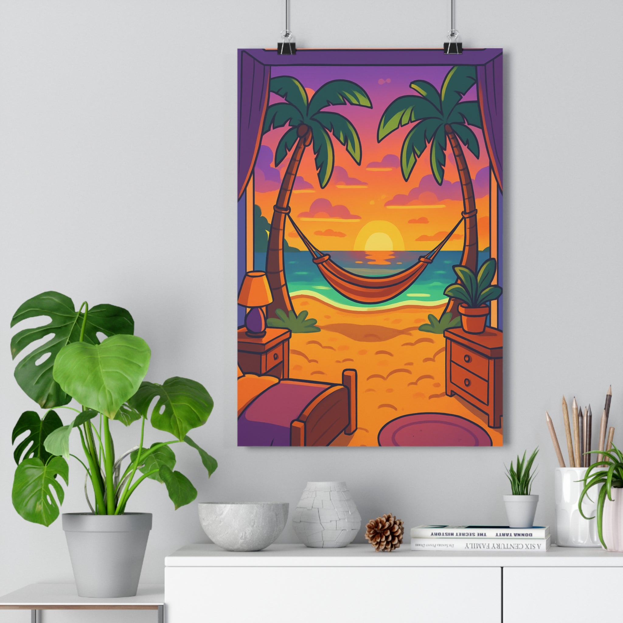 Poster décoratif tropical plage exotique cartoon coucher soleil vibrant chambre détente hamac moderne ambiance