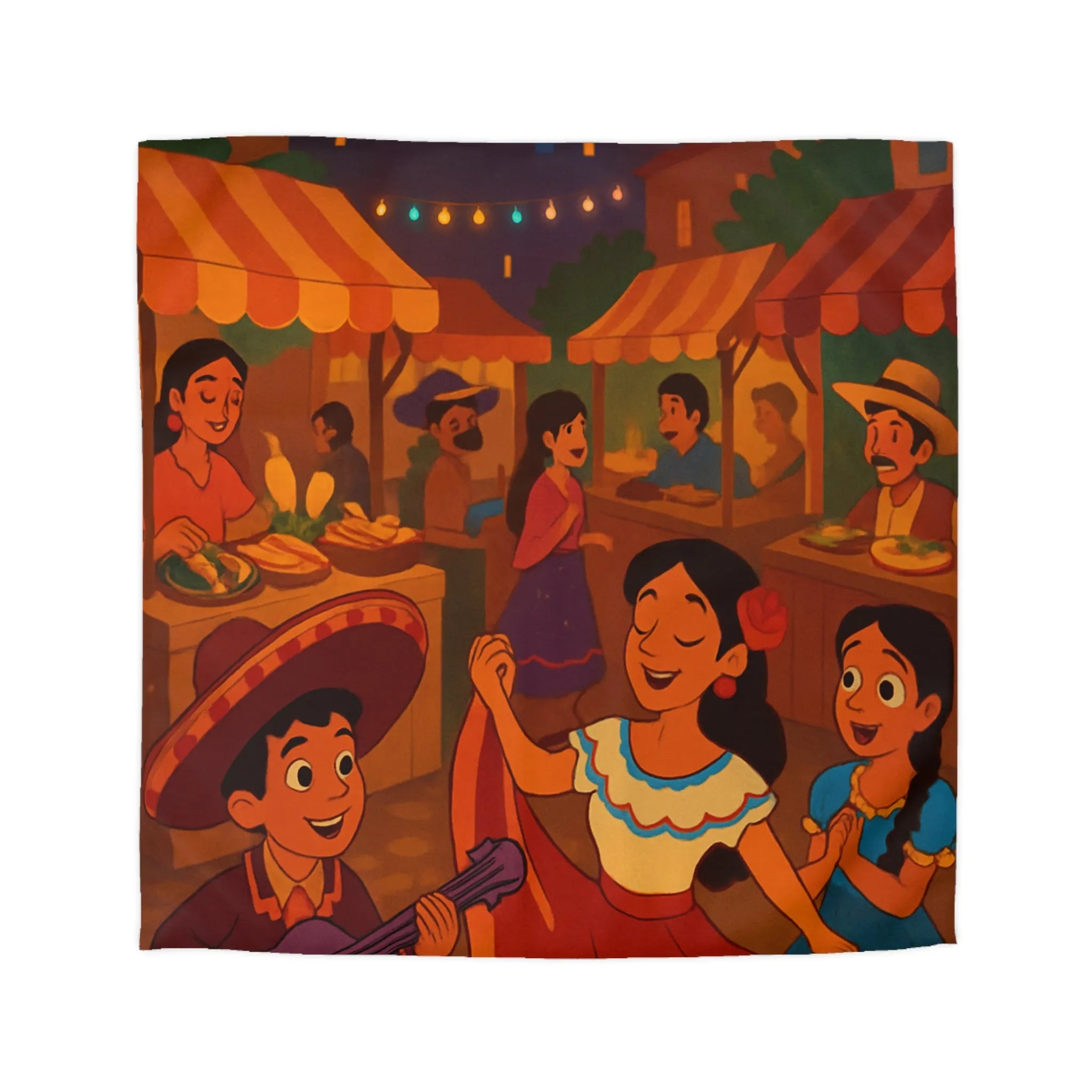 Housse de Couette Illustrée avec Scène Festive Colorée du Marché Nocturne Traditionnel