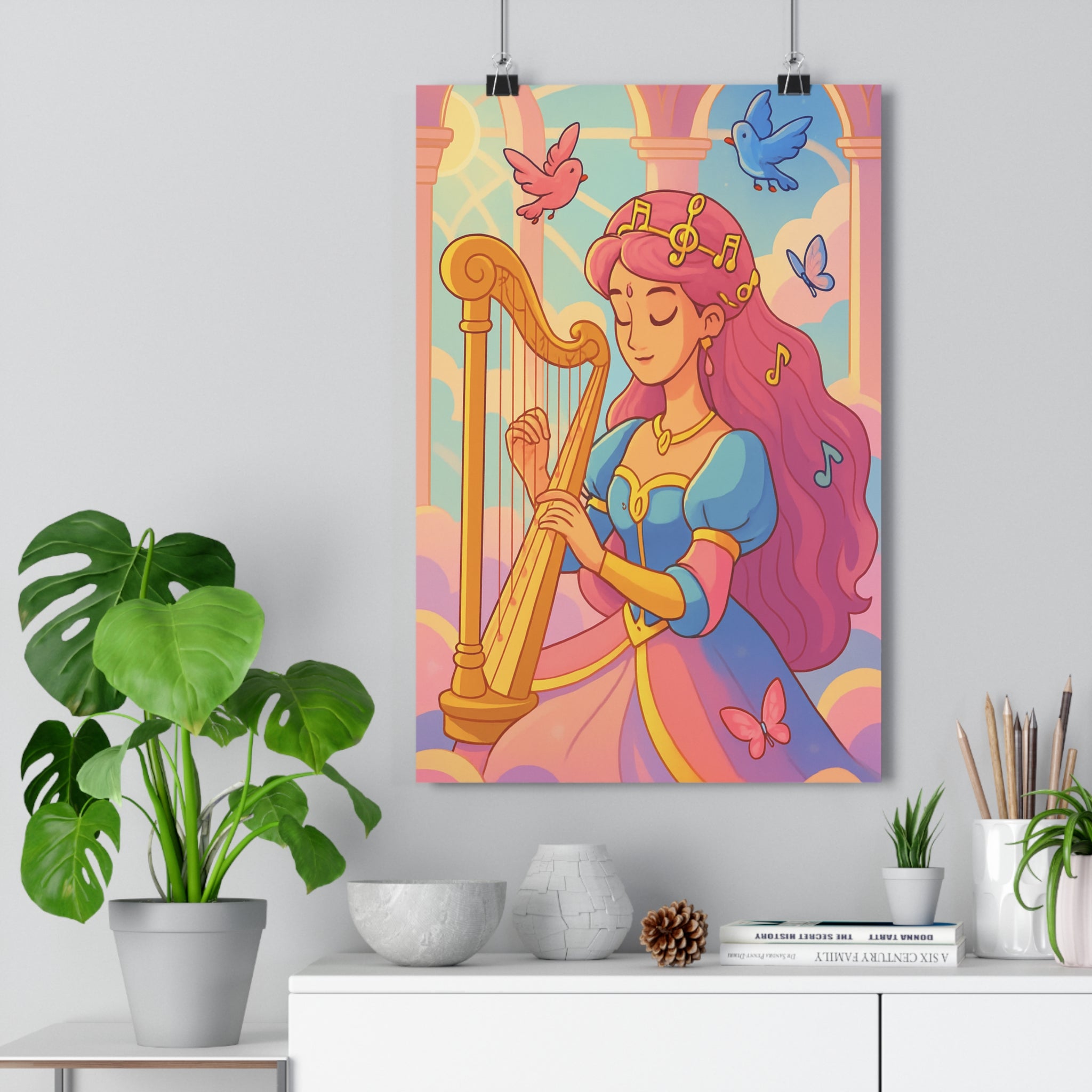Poster décoratif dessin animé pastel rose bleu jaune féerique chambre rêveur musical harpe 30x46
