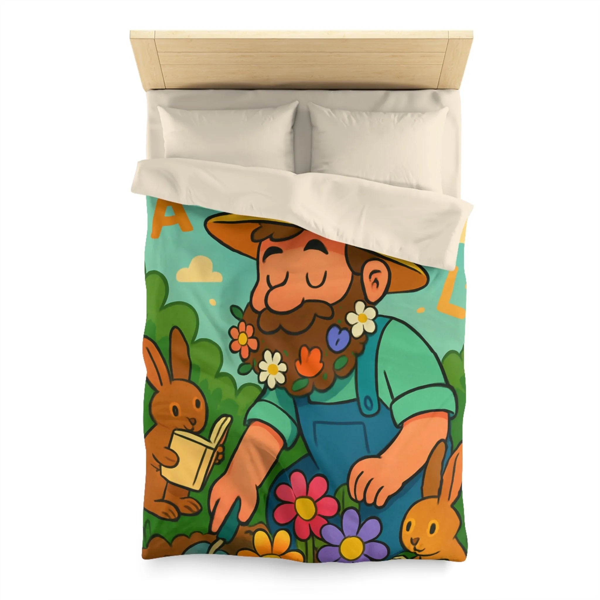Housse de couette jardin enchanté avec fleurs, lapins et oiseaux colorés pour enfants