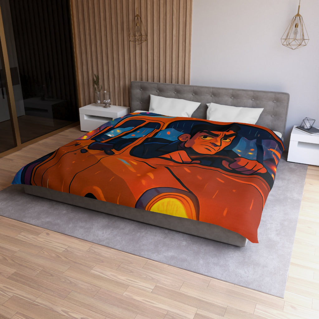 Illustration Nocturne Métropole avec Chauffeur de Taxi sous Pluie pour Housse de Couette