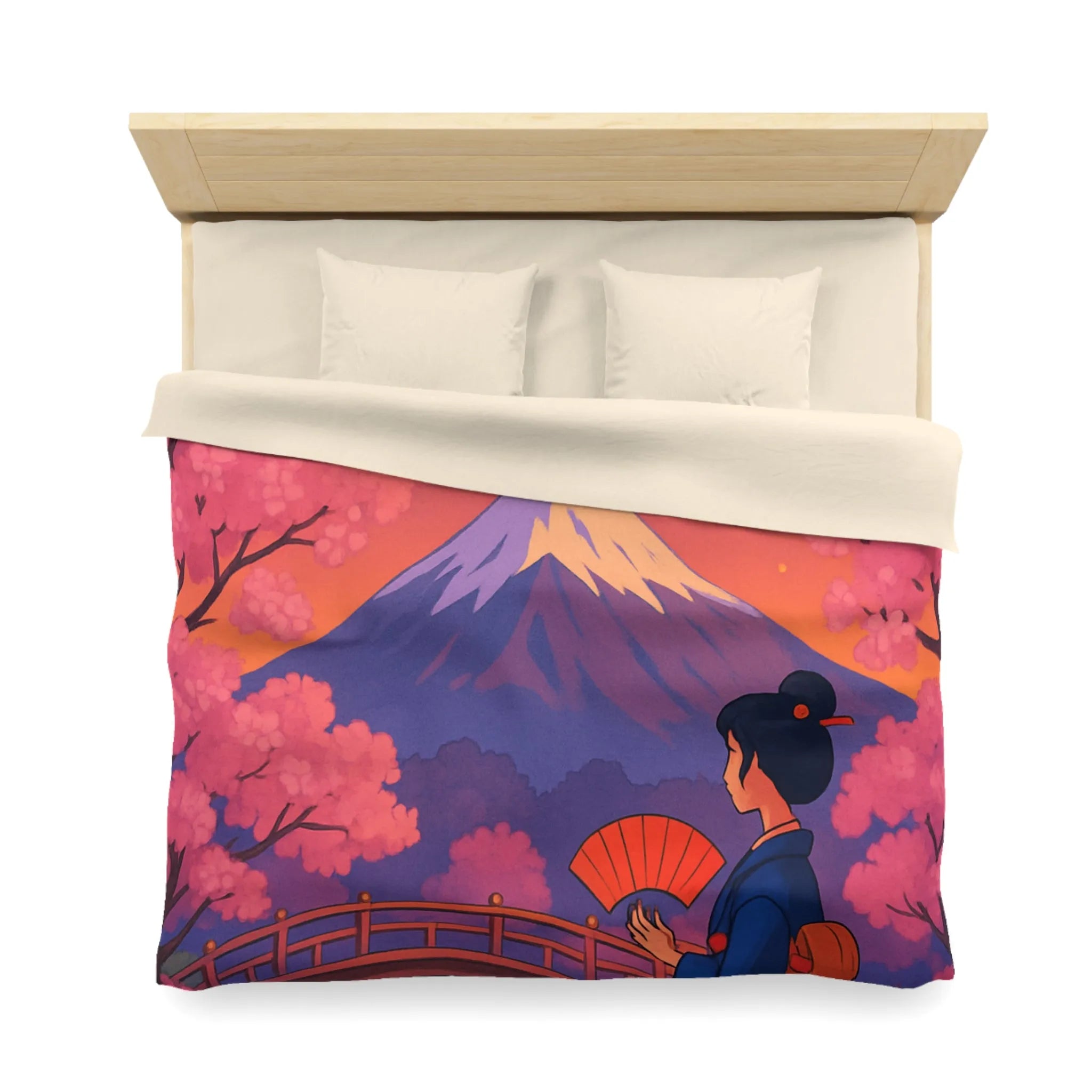 Housse de couette japonaise avec cerisiers, lanterne et vue sur le Mont Fuji