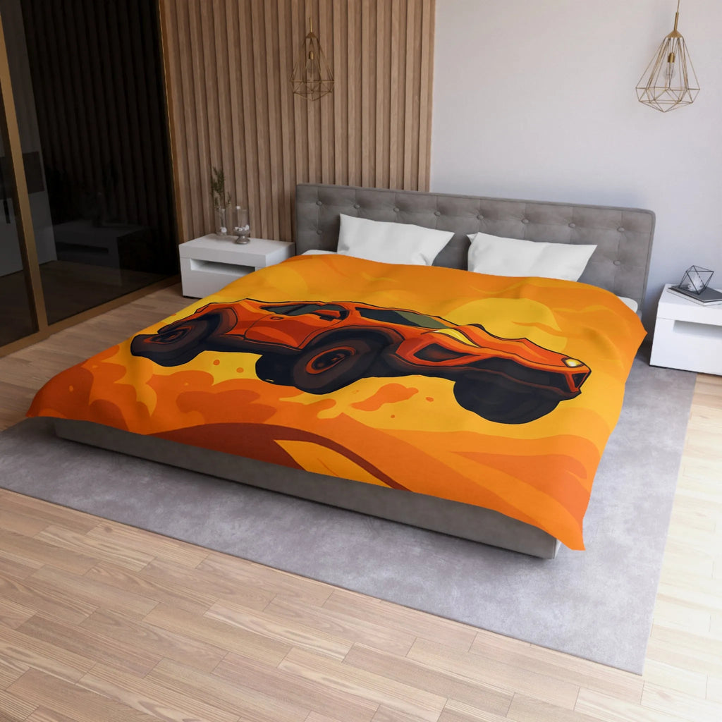 Housse de couette design voiture saut désert couleur orange coucher de soleil