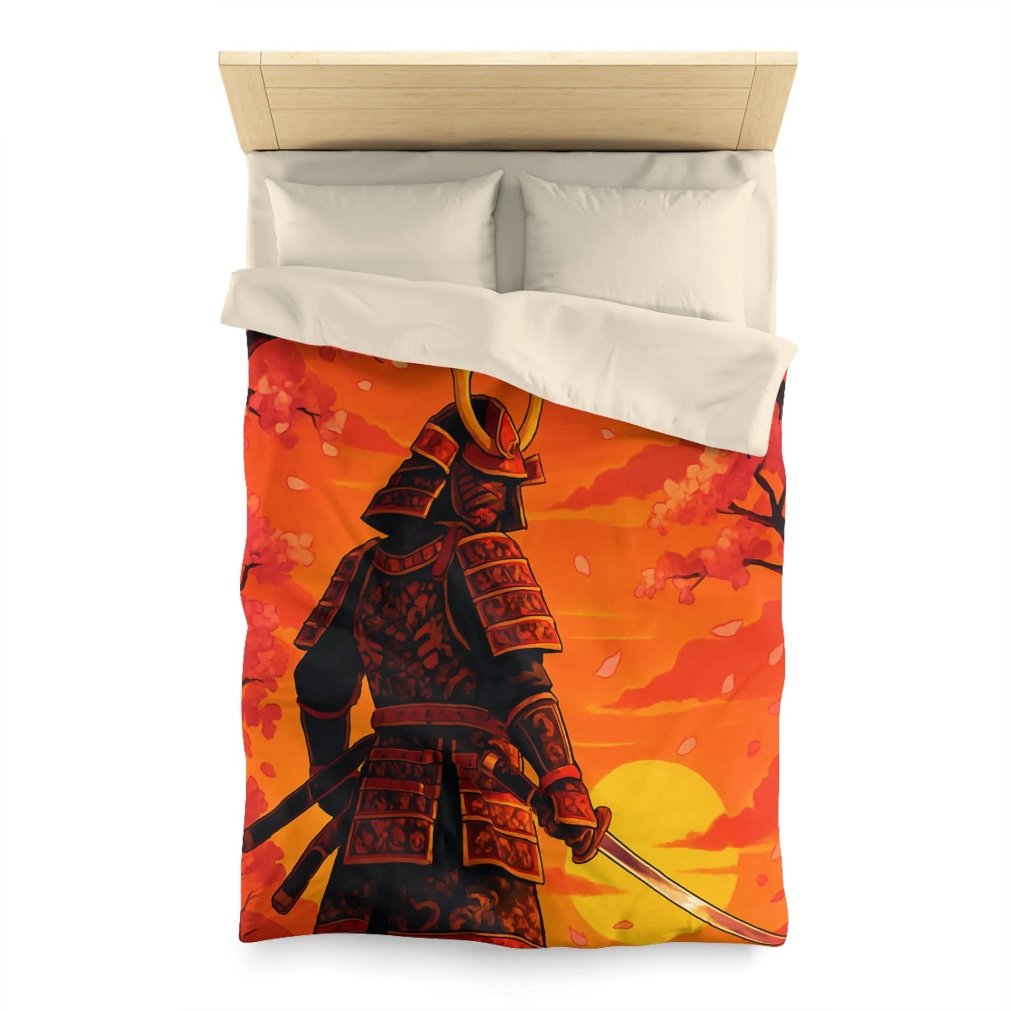 Housse de couette avec motif samouraï au coucher du soleil, arbres et fleurs roses