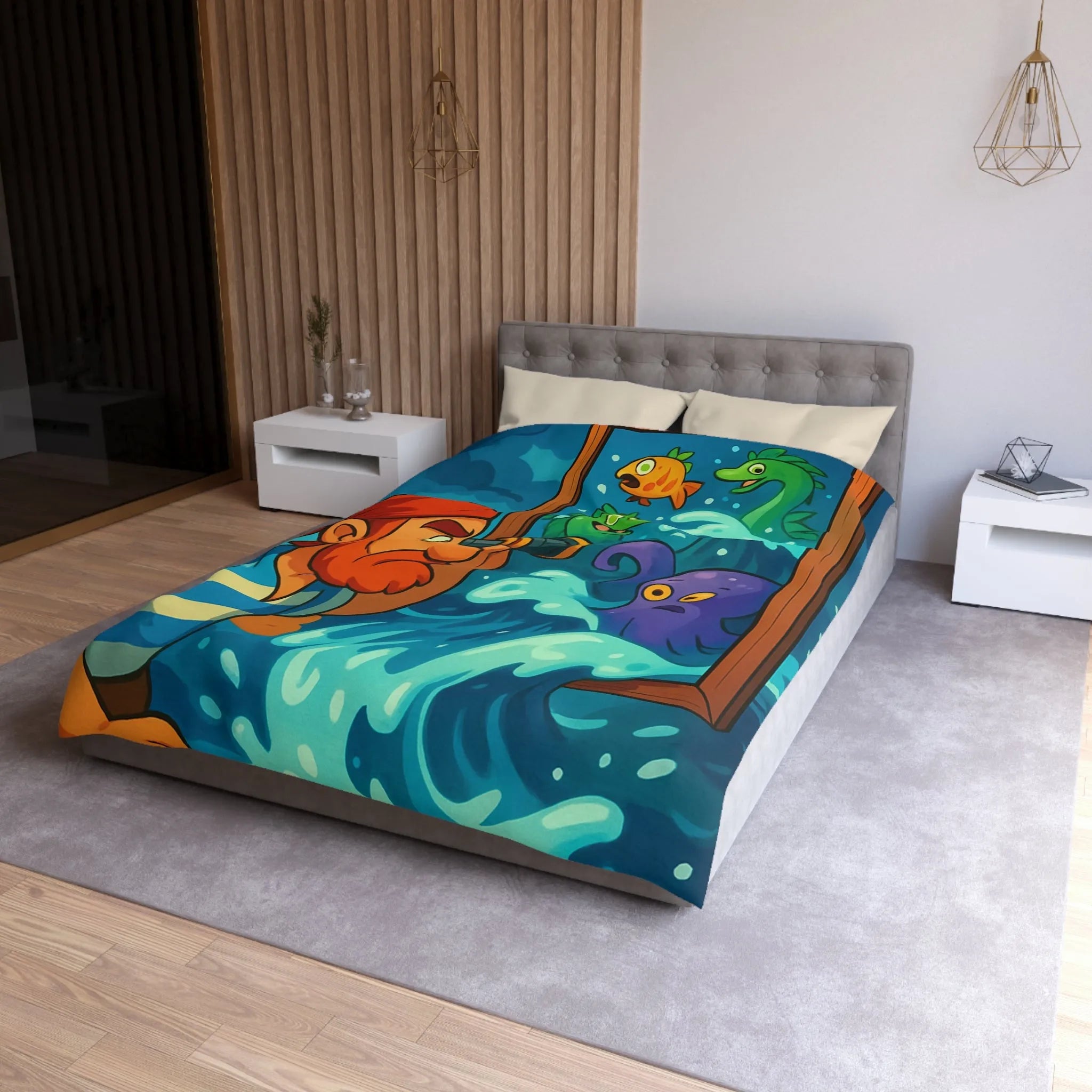 Housse de couette avec pirate observant créatures marines dans scène colorée et ludique
