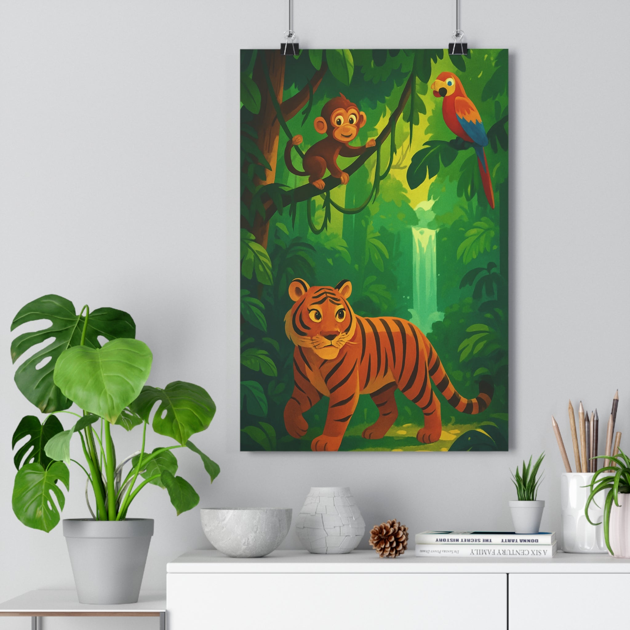 Poster décoratif jungle cartoon coloré vert orange bleu enfant exotique joyeux chambre mural vibrant