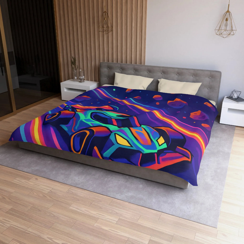 Éblouissante Housse de Couette avec Voiture Néon Galactique et Planètes Colorées