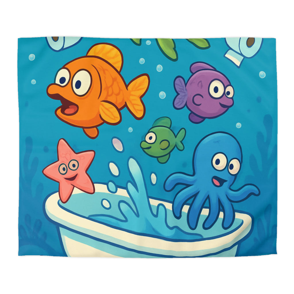 Housse de couette vibrante avec animaux marins humoristiques jouant dans une baignoire colorée
