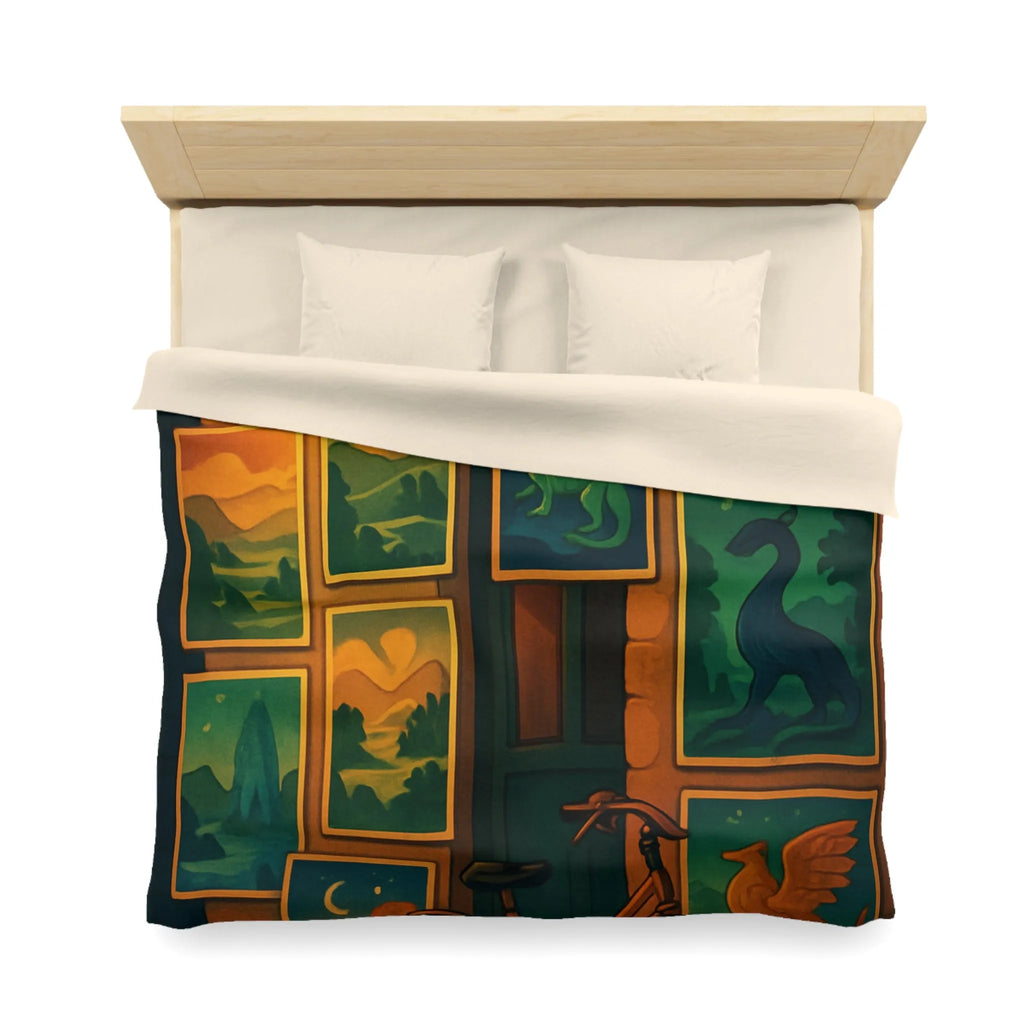 Housse de couette artistique avec dragons mythiques et paysage nocturne, ambiance mystérieuse