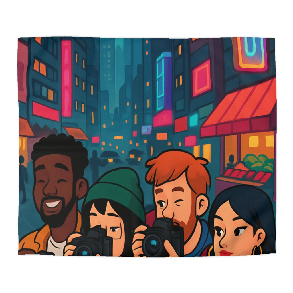 Housse de couette avec photographe urbain, design moderne et ambiance néon vibrante