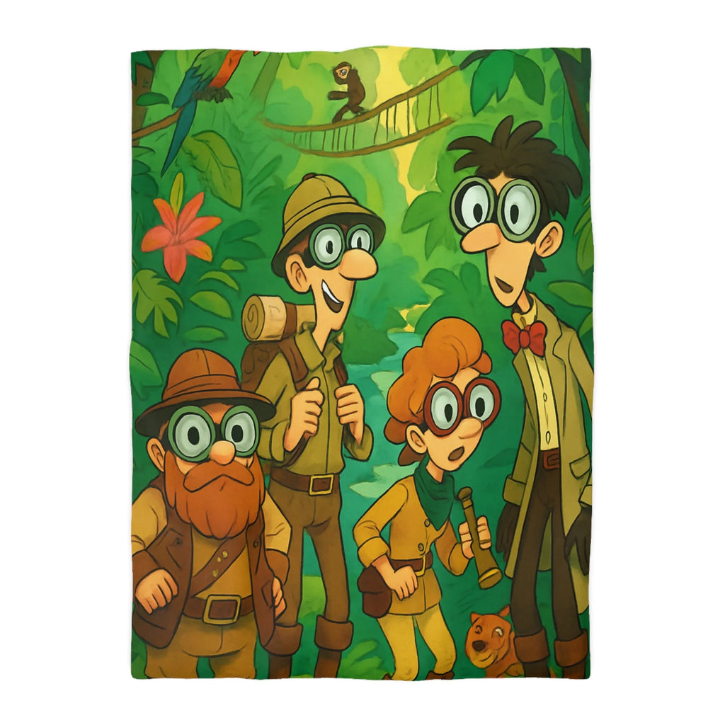 Housse de couette jungle colorée avec explorateurs, perroquet et singe aventureux