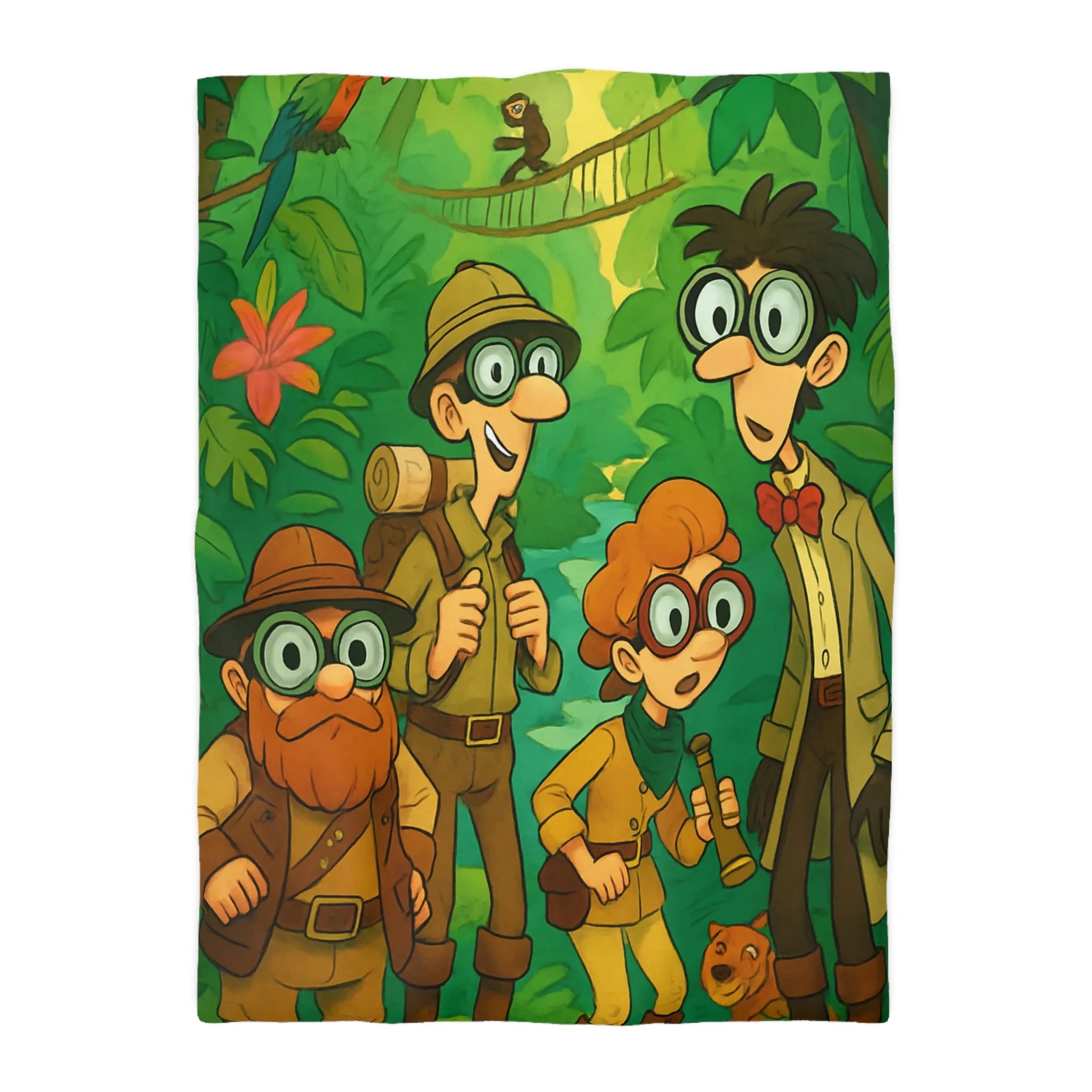 Housse de couette jungle colorée avec explorateurs, perroquet et singe aventureux