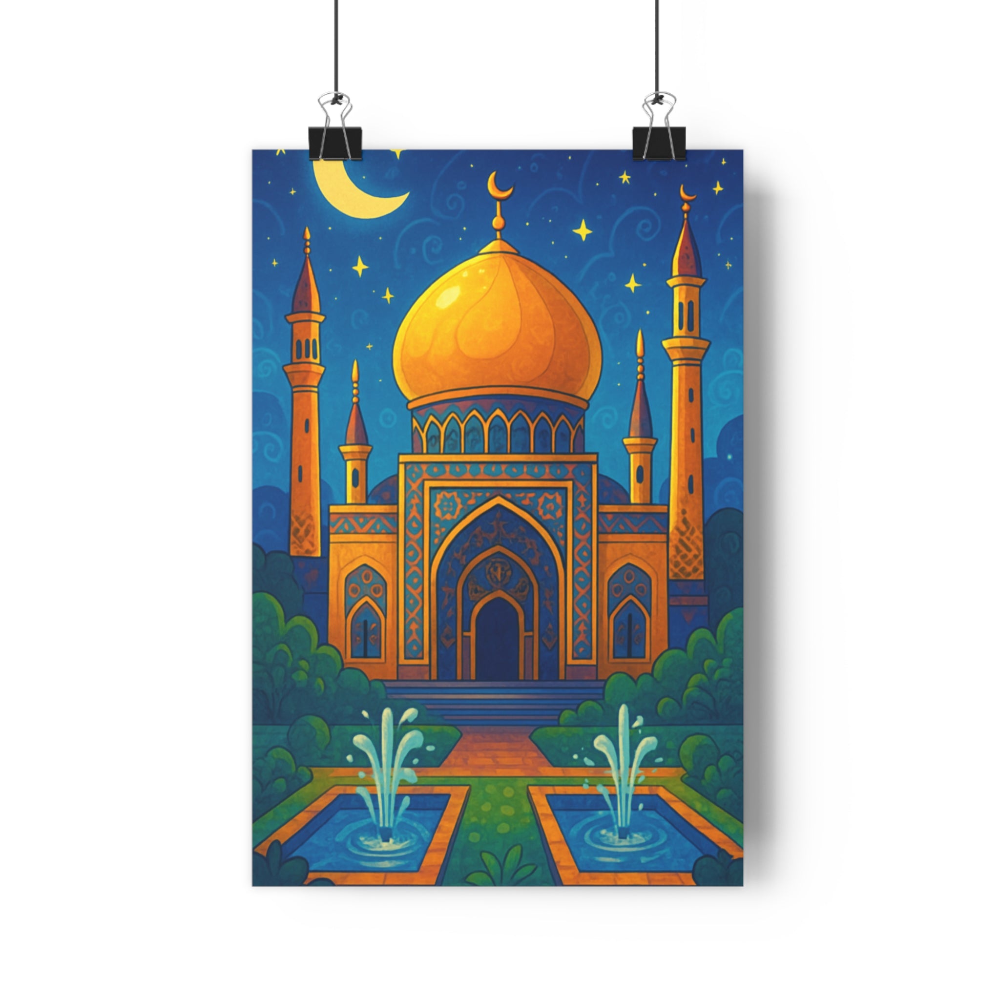 Poster décoratif cartoon bleu or paisible inspirant salon méditation mosquée ciel étoilé 30x46 cm