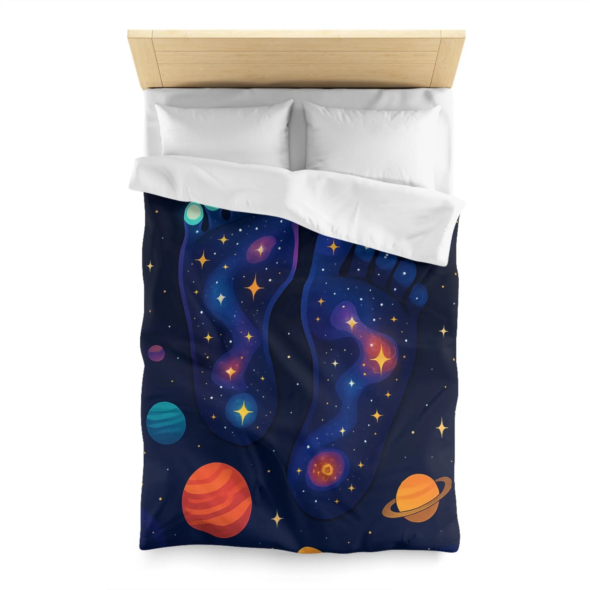 Housse de Couette Cosmos Enchanté avec Motifs de Pieds Galactiques Étincelants et Planètes