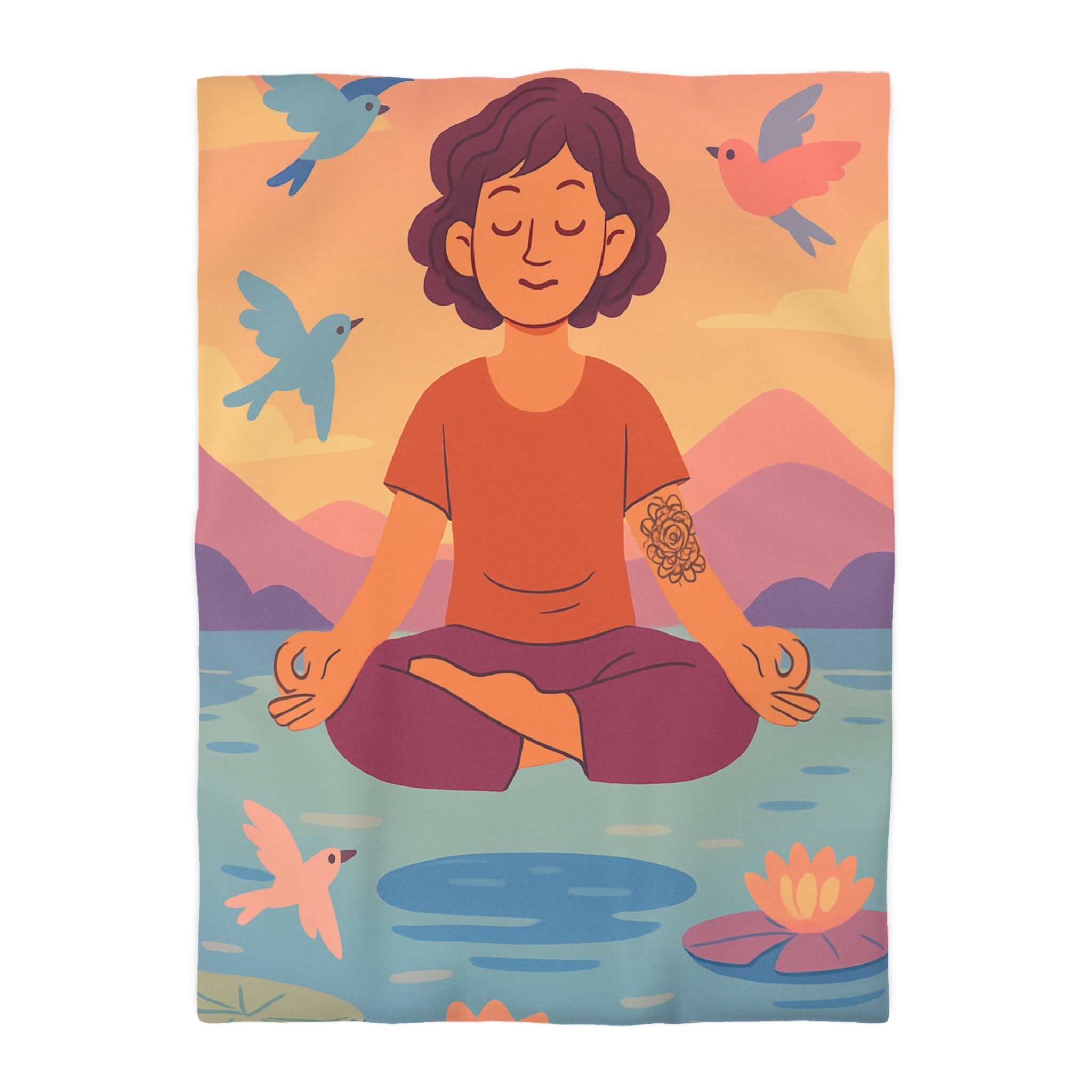 Housse de Couette Zen avec Design Méditation, Lotus et Oiseaux Colorés - Sérénité Nature