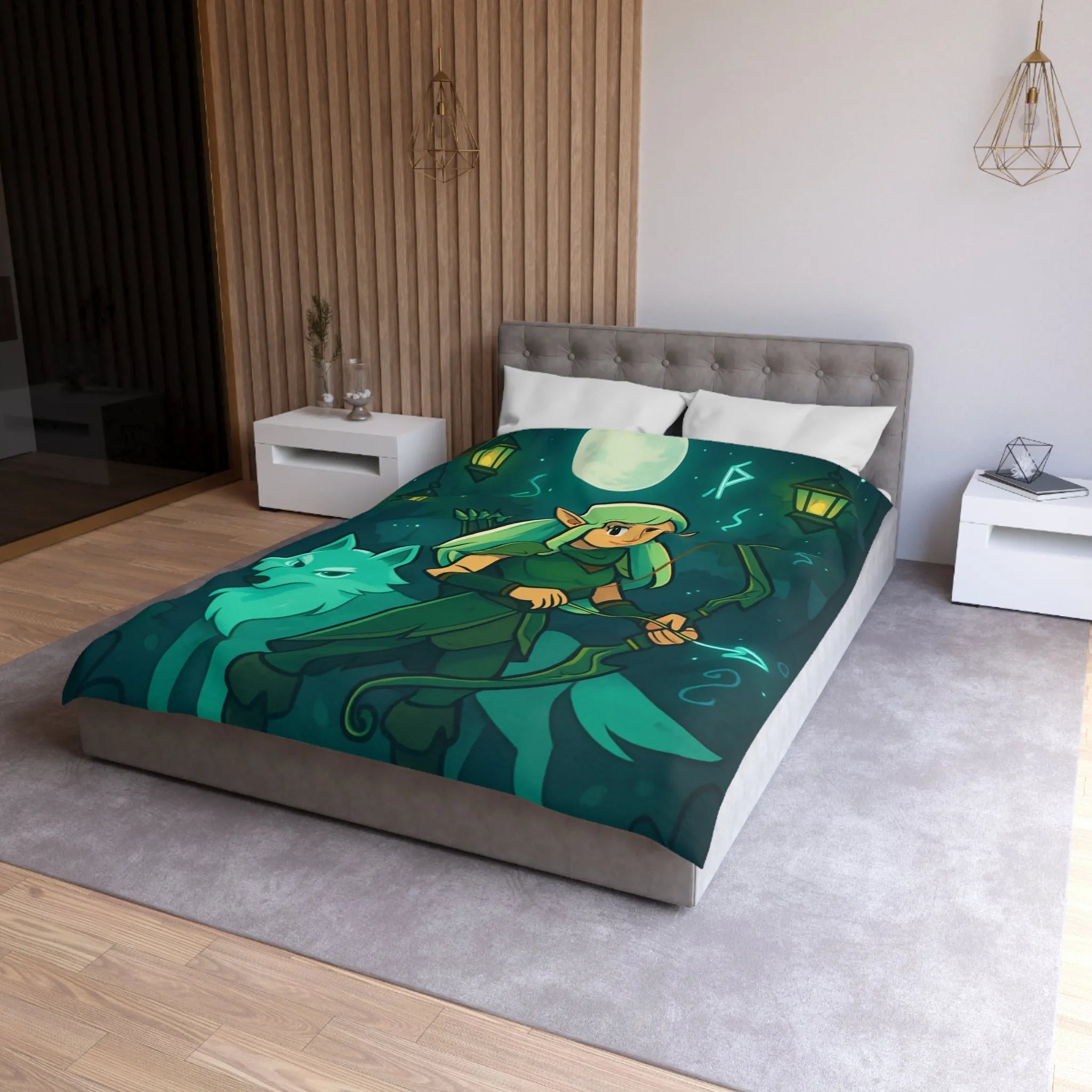 Housse de couette elfe archère et loup sous lune magique dans forêt mystérieuse