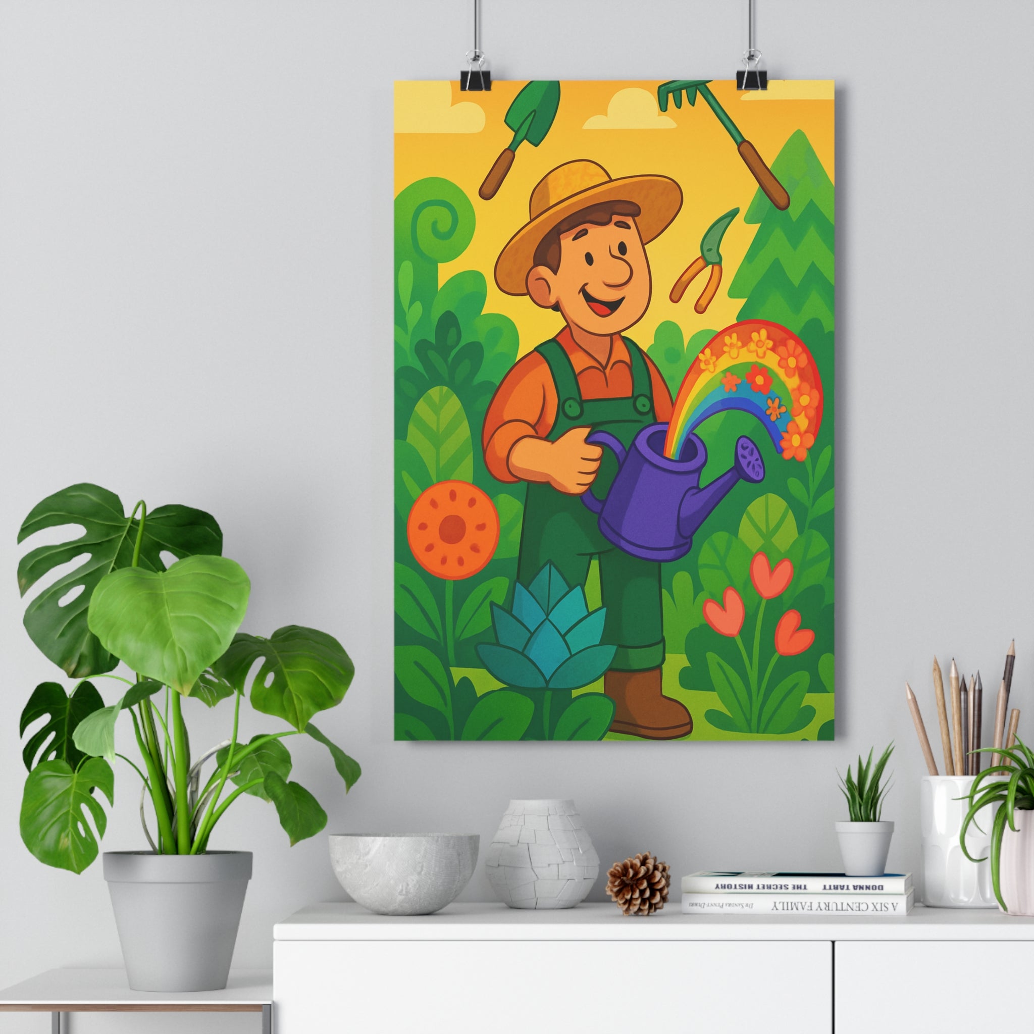 Poster décoratif coloré jardinier enchanté joyeux fantaisiste vert orange rose salon chambre gaieté qualité