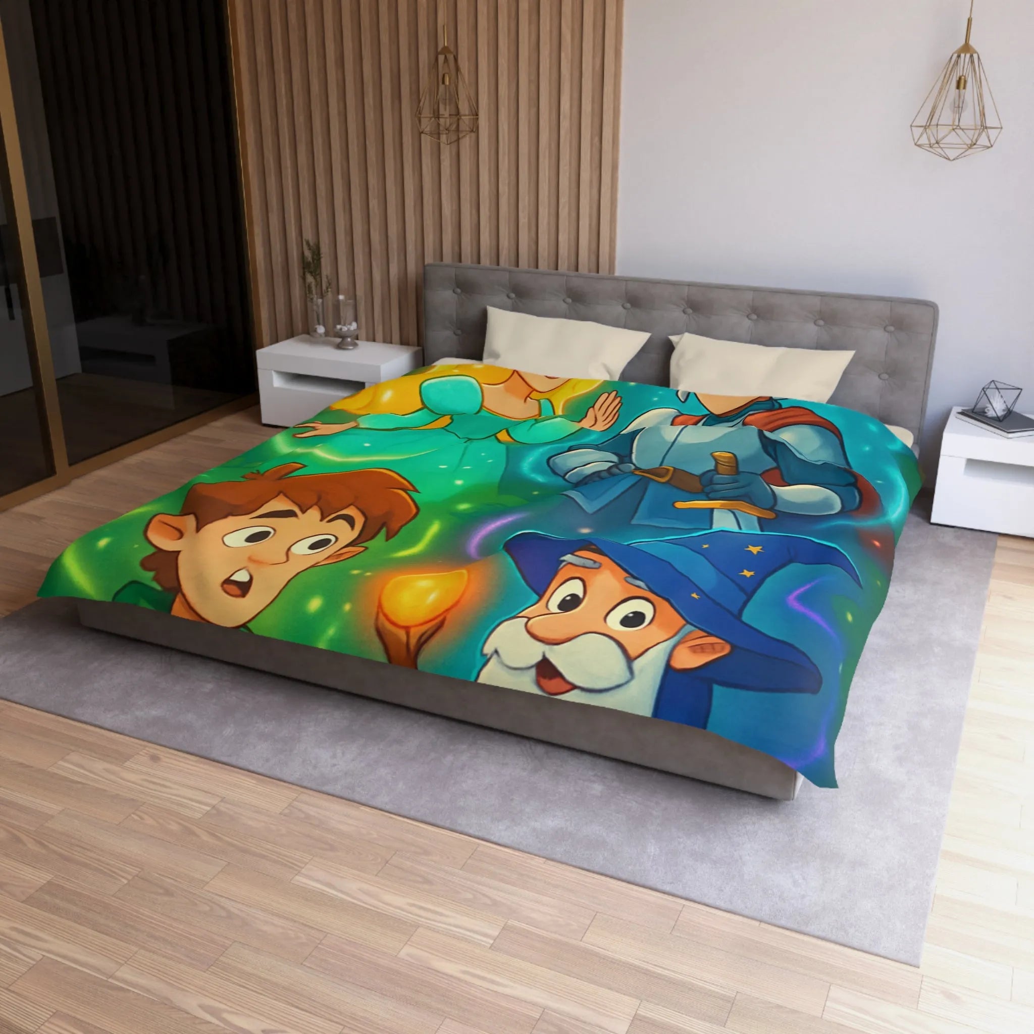 Housse de couette avec chevalier, magicien, princesse et elfes pour chambre enfant