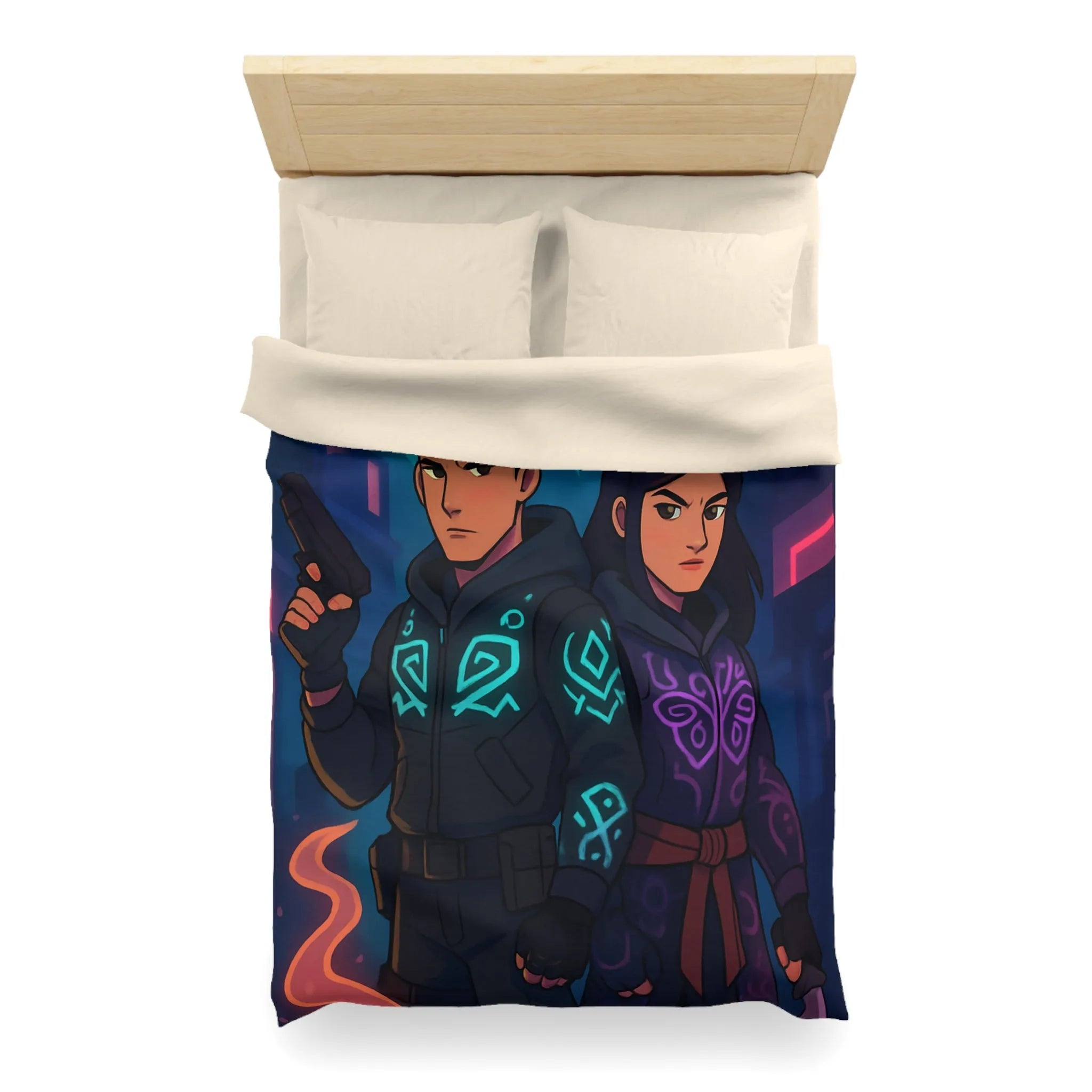 Housse de couette avec motifs mystiques de loup et hibou luminescents en néon urbain