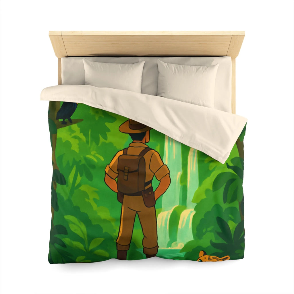 Housse de couette jungle exotique avec explorateur, toucan et paysages luxuriants