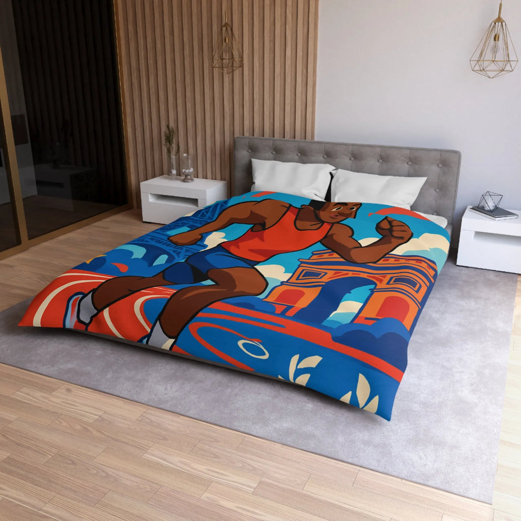 Couverture de lit sportive avec athlète vibrant et monuments emblématiques pour chambre dynamique