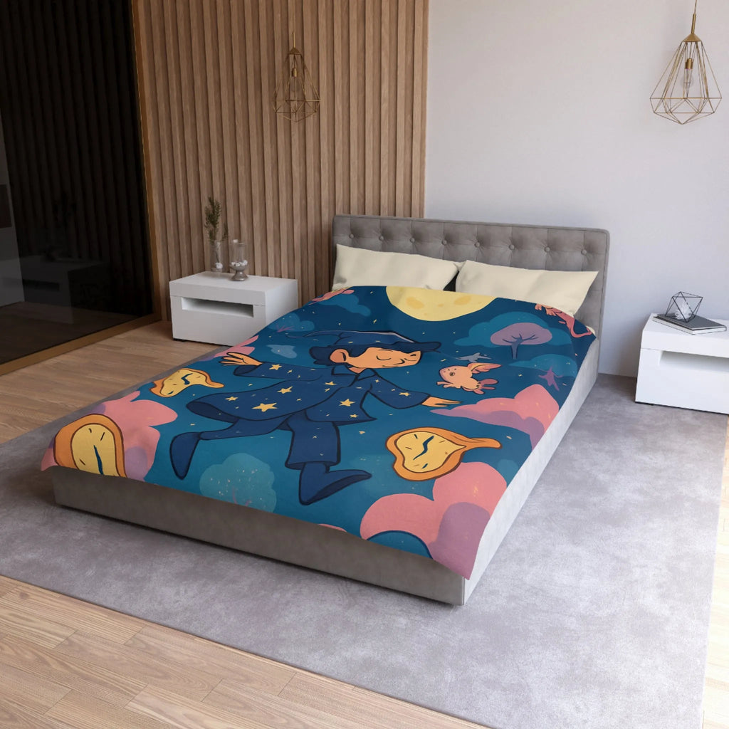 Housse de couette magique avec sorcier enfant rêvant de créatures volantes lunaires