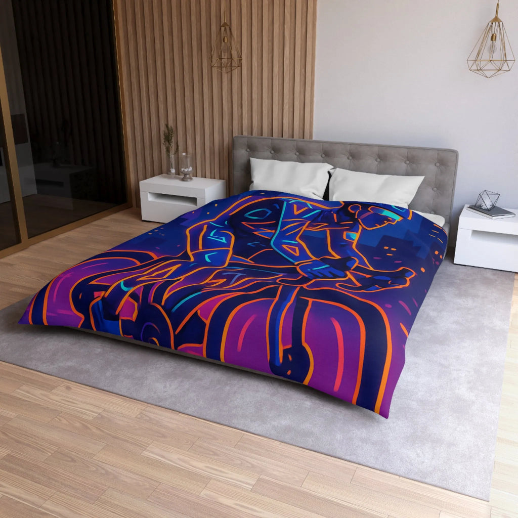 Housse de couette cycliste néon sur fond de ville sous ciel nocturne vibrant