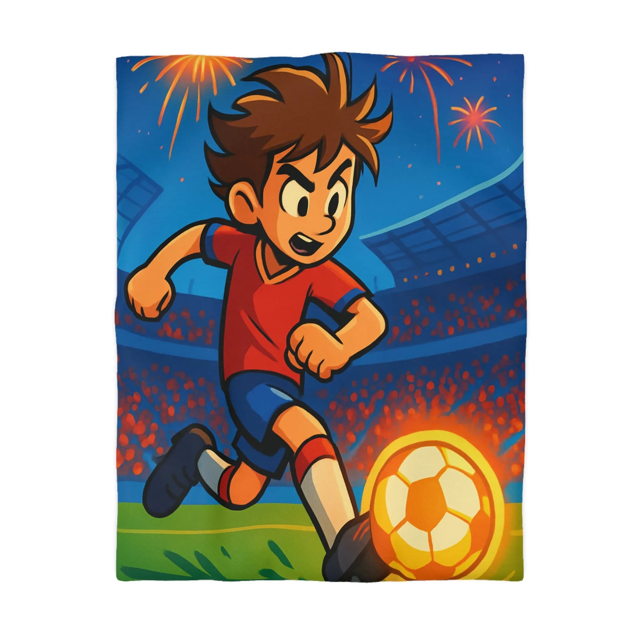 Housse de couette enfant, thème football, joueur dynamique, stade illuminé, feu d'artifice vibrant