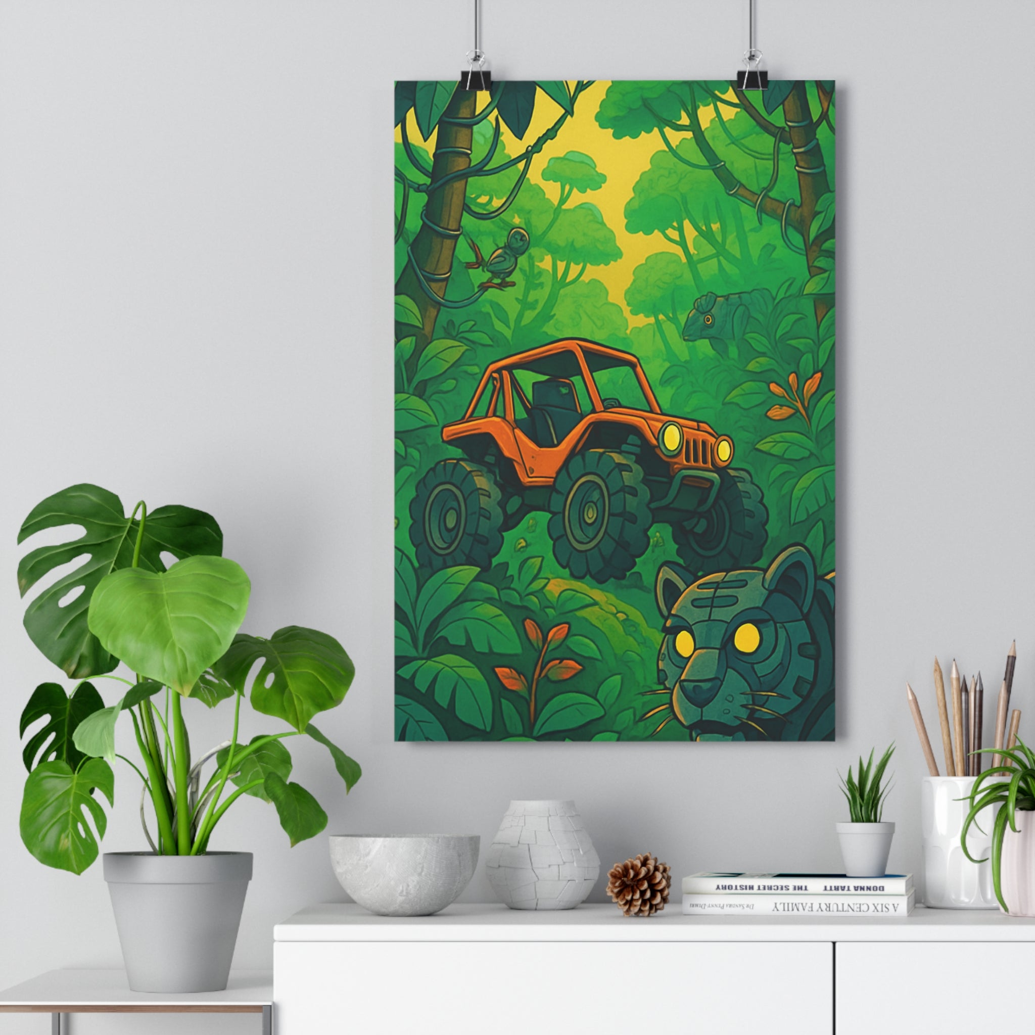 Poster décoratif jungle mécanique vert orange steampunk aventure bureau chambre vibrant intrigant unique véhicule