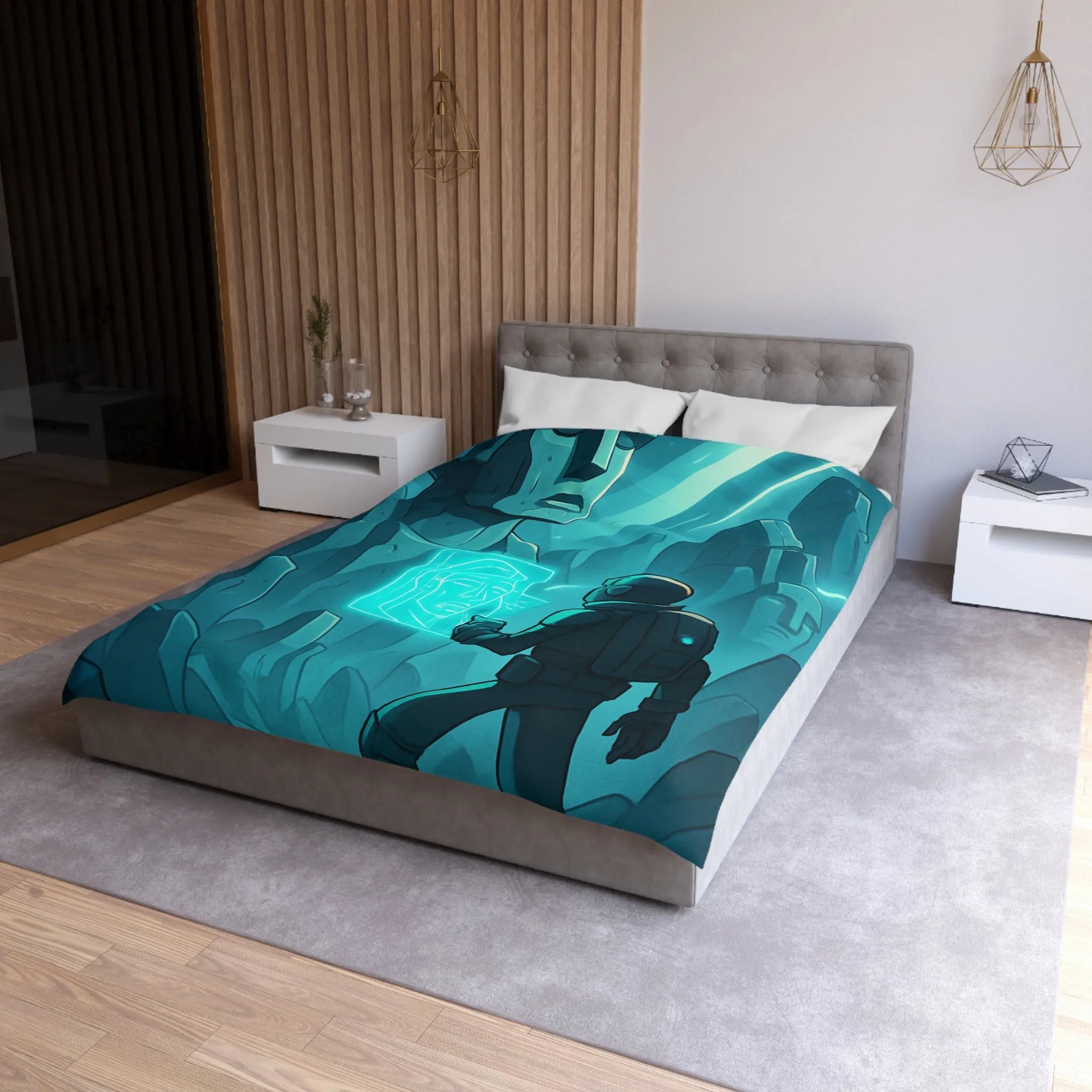 Housse de couette futuriste avec statues anciennes et explorateur dans une ambiance lumineuse néon