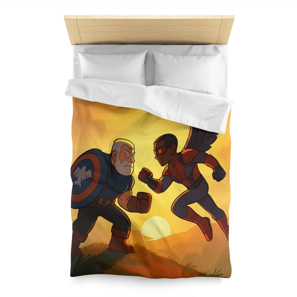 Housse de couette épique avec scène de combat héroïque au coucher du soleil