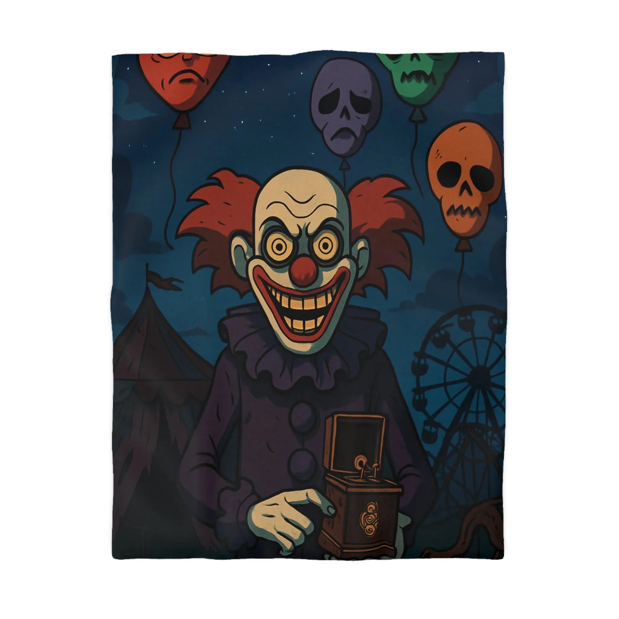 Housse de couette effrayante de clown sinistre avec ballons et fête foraine sombre